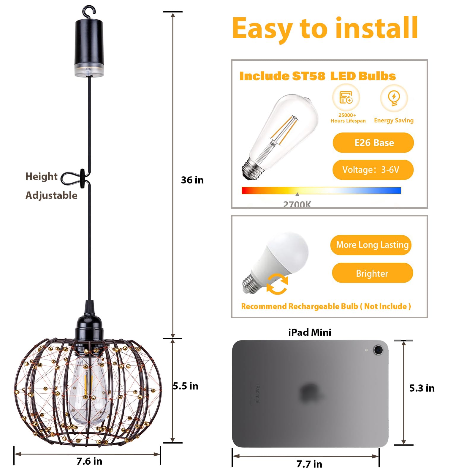 All Fortune Battery Operated Hanging Outdoor Chandelier, Battery Operated Gazebo Pendant Light Outdoor Waterproof, No Wiring, Po