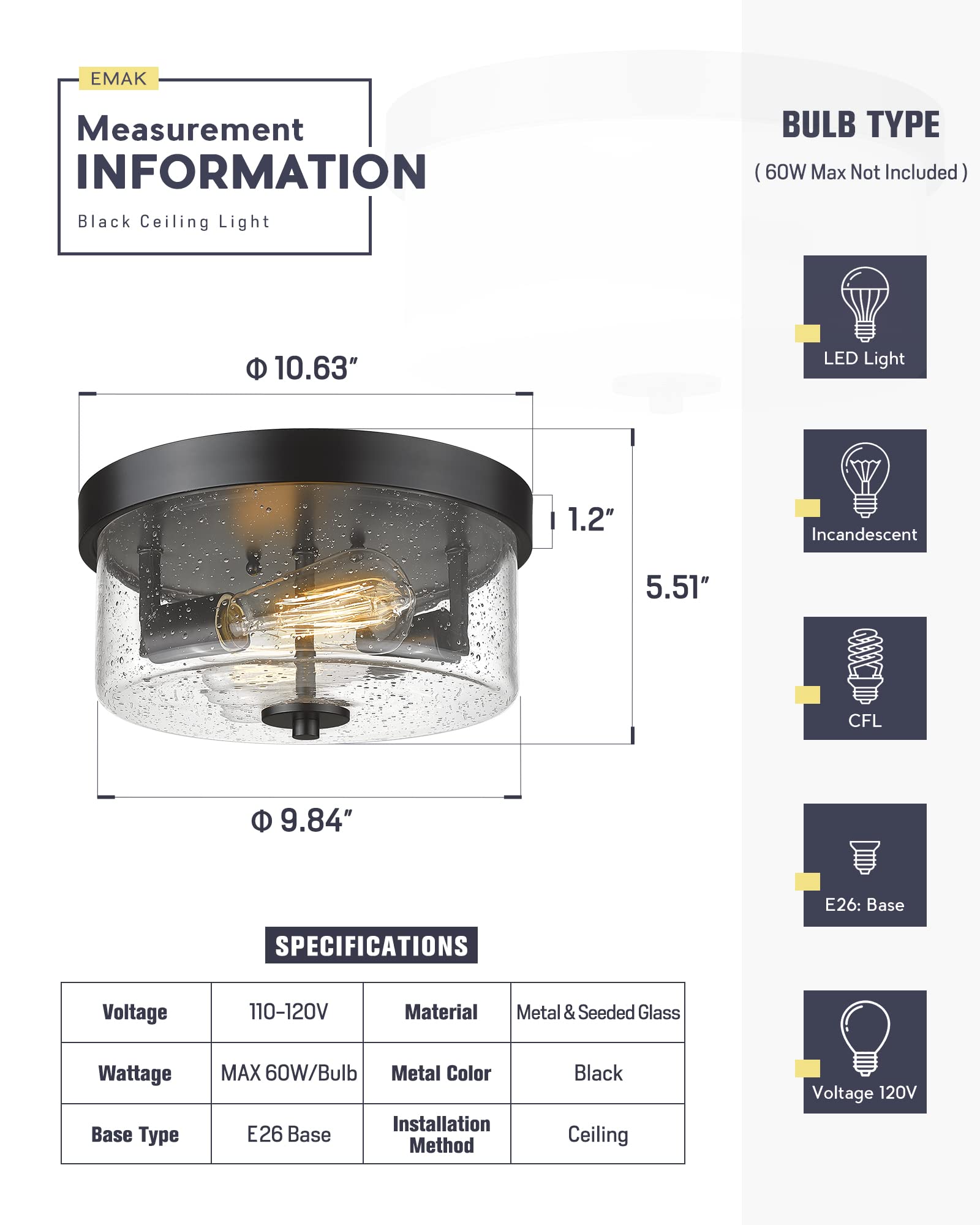 Emak Matte Black 2-Light Flush Mount Ceiling Light With Seeded Glass Shades, 11 Inch