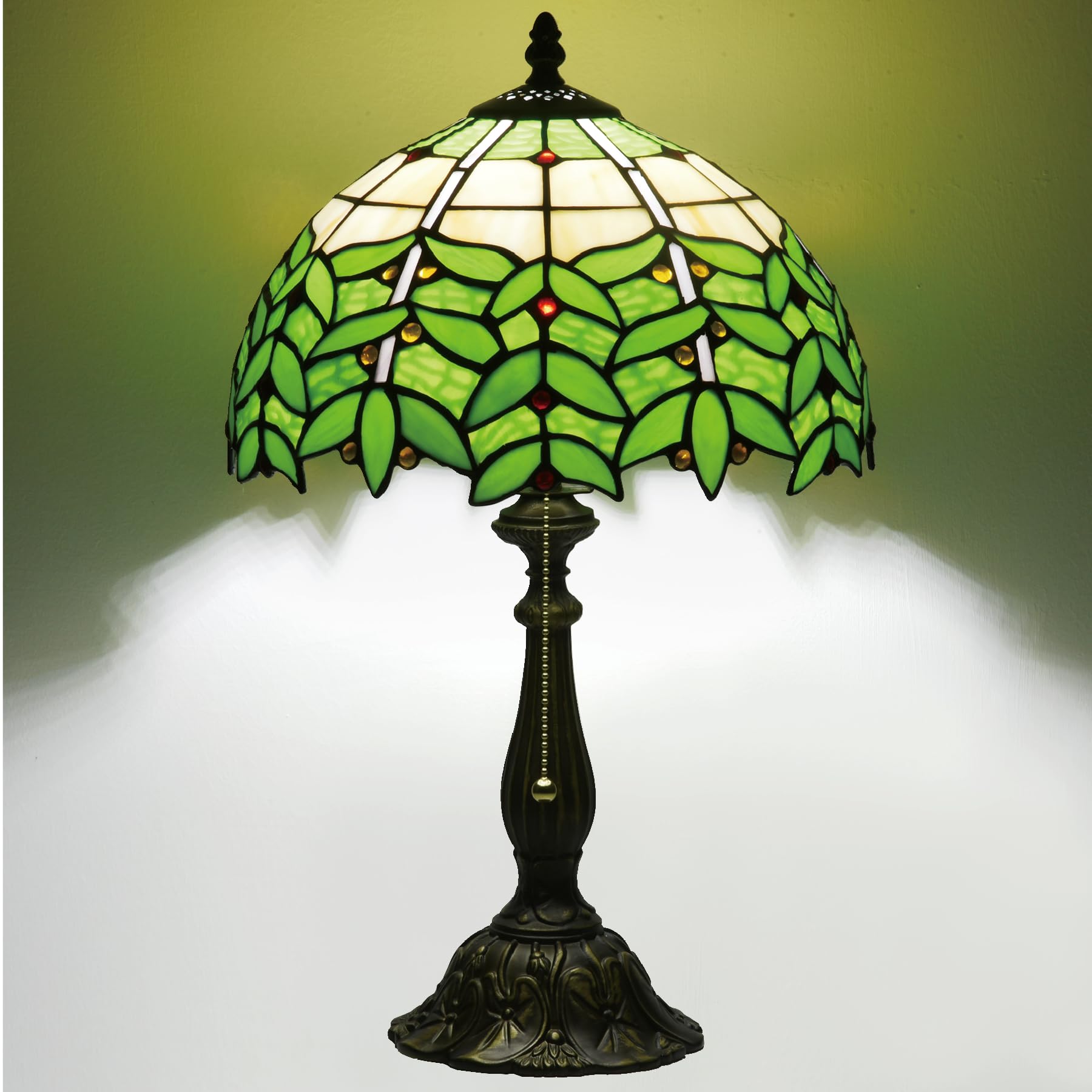 Msrzuds Tiffany Style Stained Glass Table Lamp 12-inch Dia Natural Green Leaf Design Lampshade Nightstand Light for Bedroom Dini