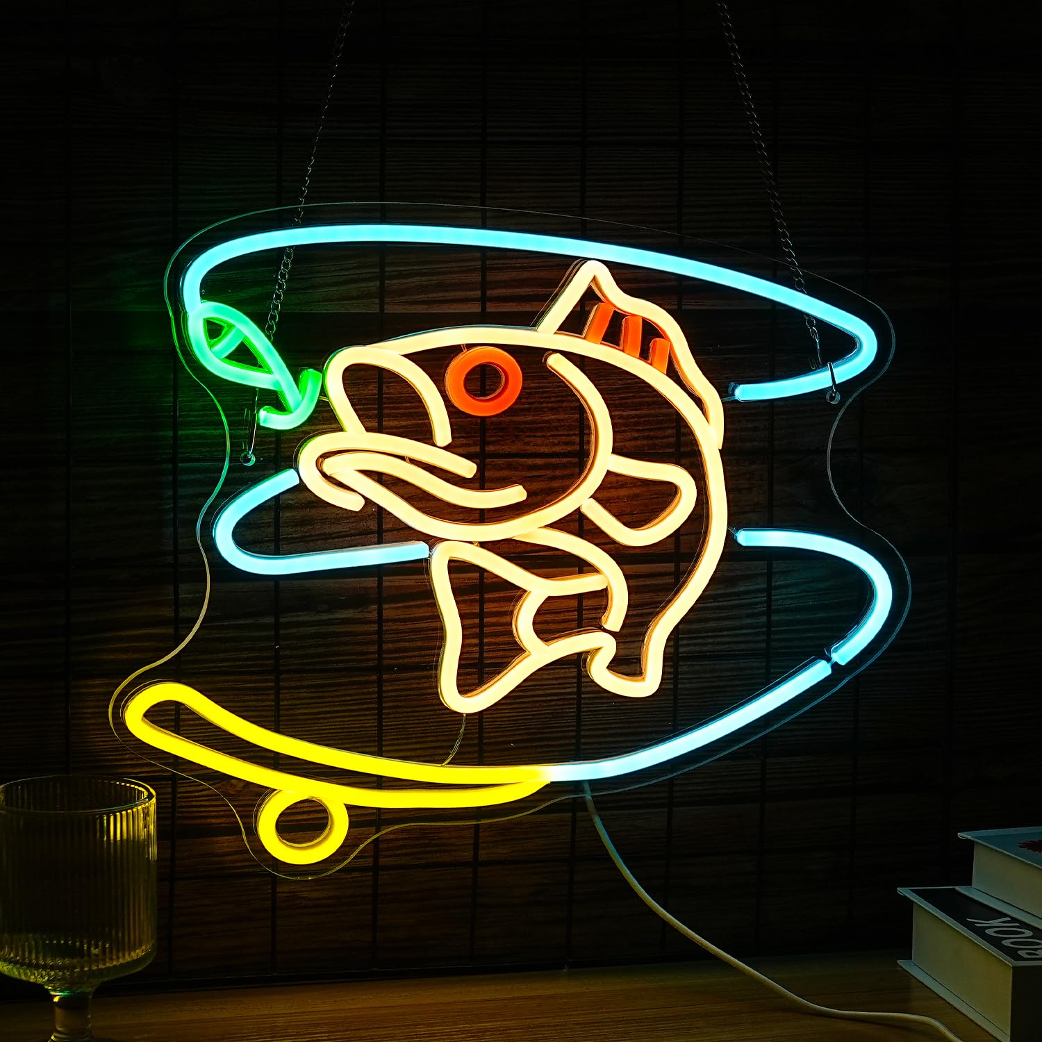 GNVETZLL Fishing Neon Sign LED Dimmable Wall Decor 15.7inx12.4in Acrylic Multicolor