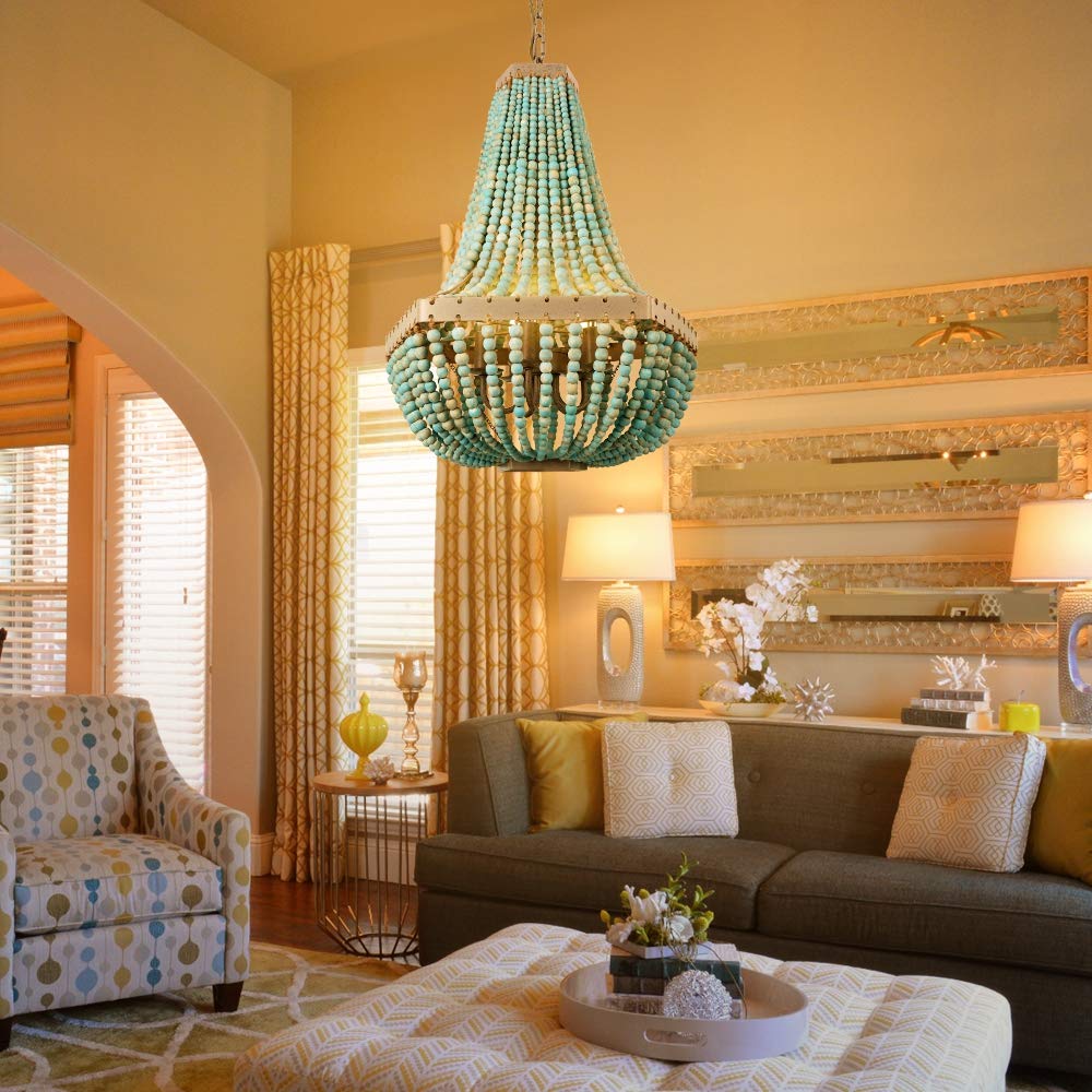 Newrays Wood Bead Chandelier Gray Blue Antique Rustic Kitchen Ceiling 5 Lights Fixtures (Grey Blue-Wl)
