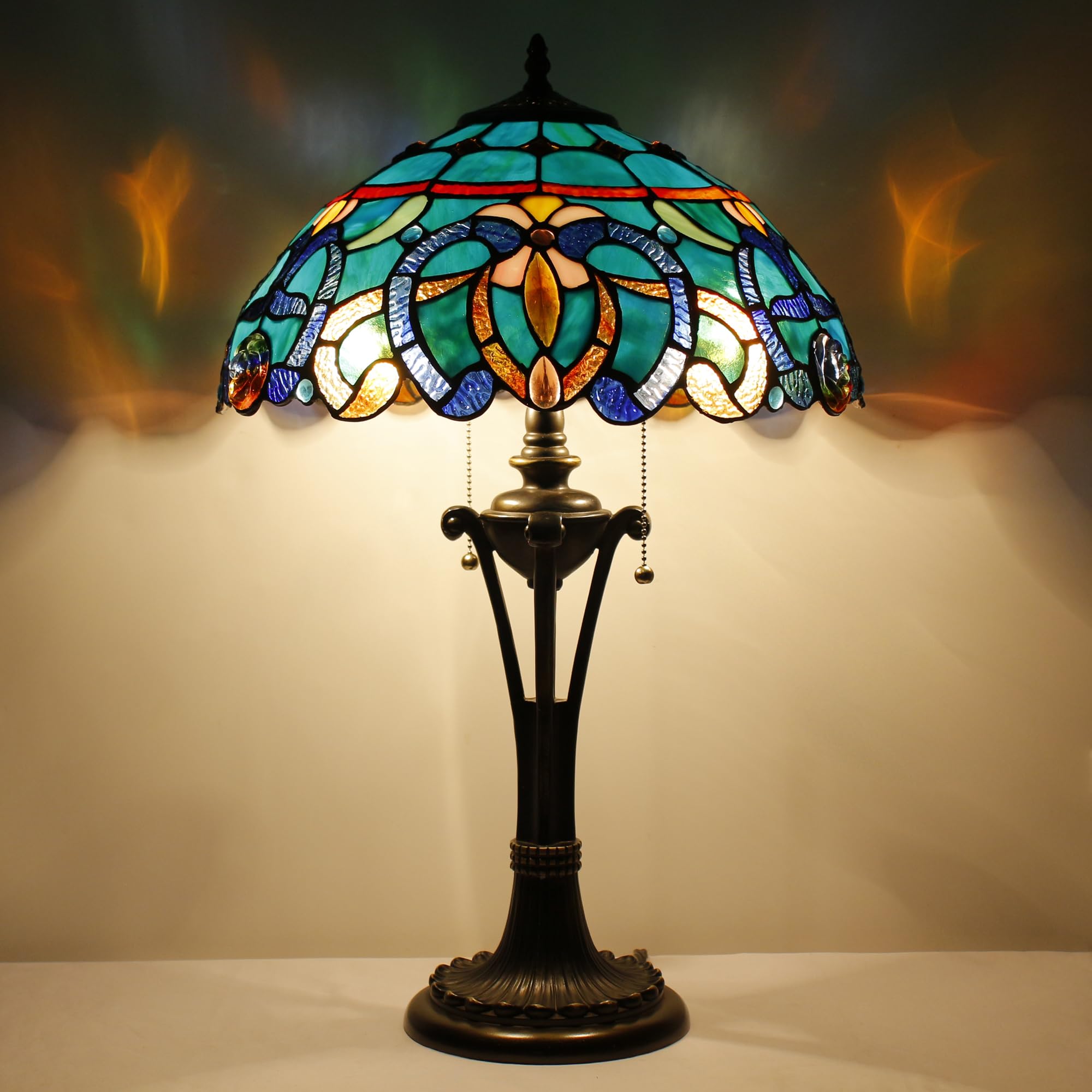 L-Juicwe Tiffany Table Lamp 24 Inch Stained Glass Desk Lamp Blue Green Baroque Reading Light for Bedroom Living Room Bedside Nig