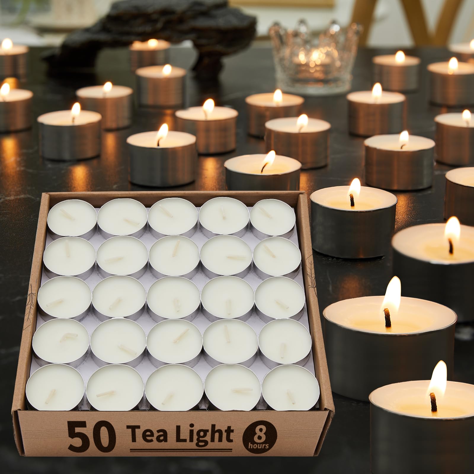 Ashlux Unscented Palm Tea Lights Candles 50 Pack Bulk, 8 To 9 Hours Long Burning White Tea Lights,Non-Paraffin, Smokeless, Mini Tealight Candles For Wedding, Table Centerpiece, Party, Power Outages