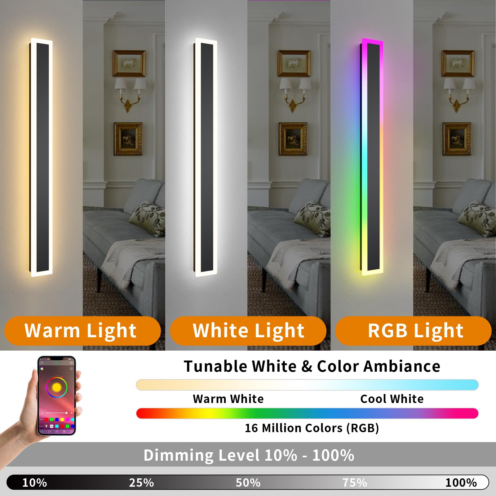 Zihoi RGB Long Wall Lights, 23.6 Inch, Dimmable LED, IP65 Waterproof, Acrylic, Model RGBBD602