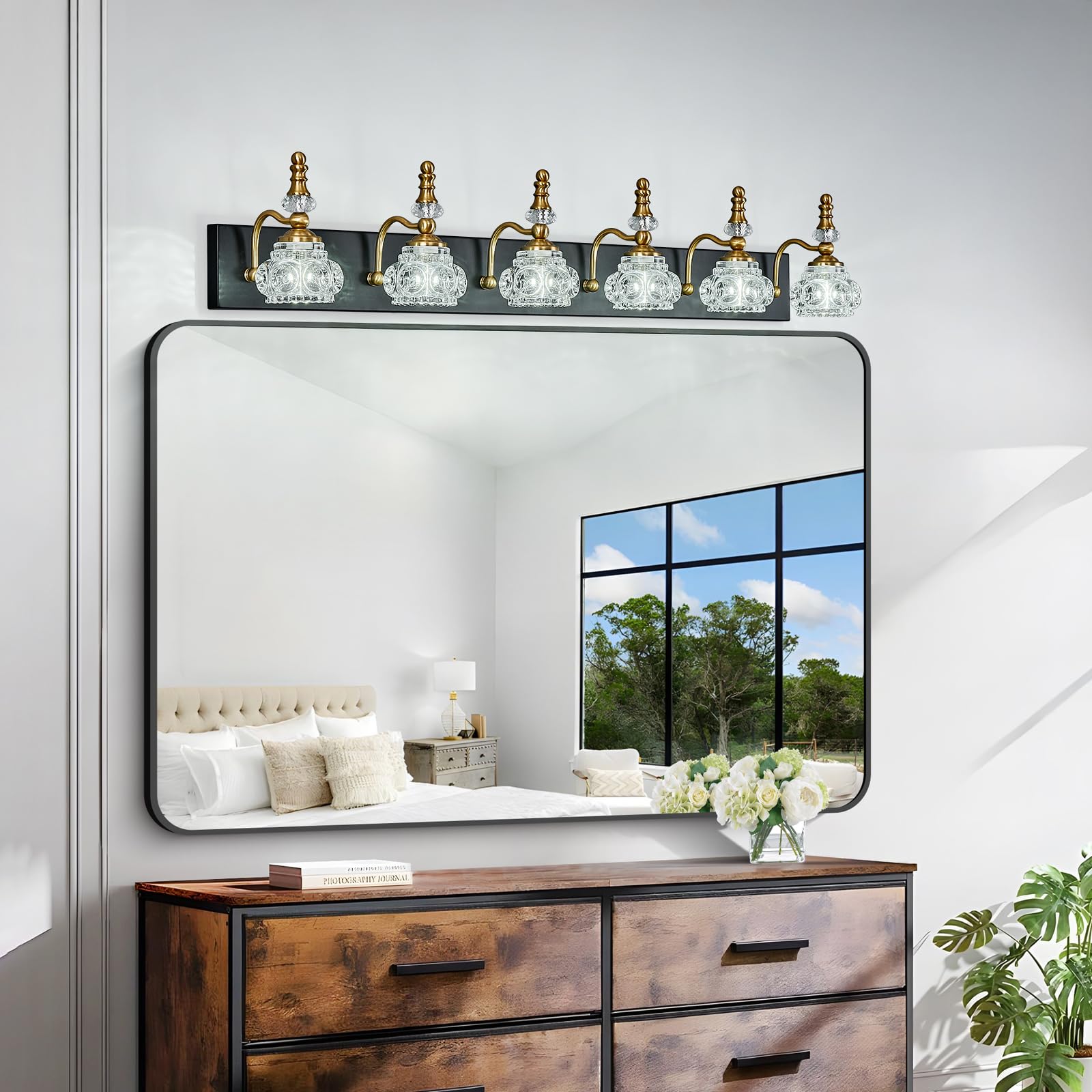 Lbsqj 6-Light Vintage Bathroom Vanity Light Fixture Industrial Black Gold With Glass Shade Vanity Light Fixtures Over Mirror Glass Bathroom Vanity Lighting Fixtures G9 Bulb Wall Lights