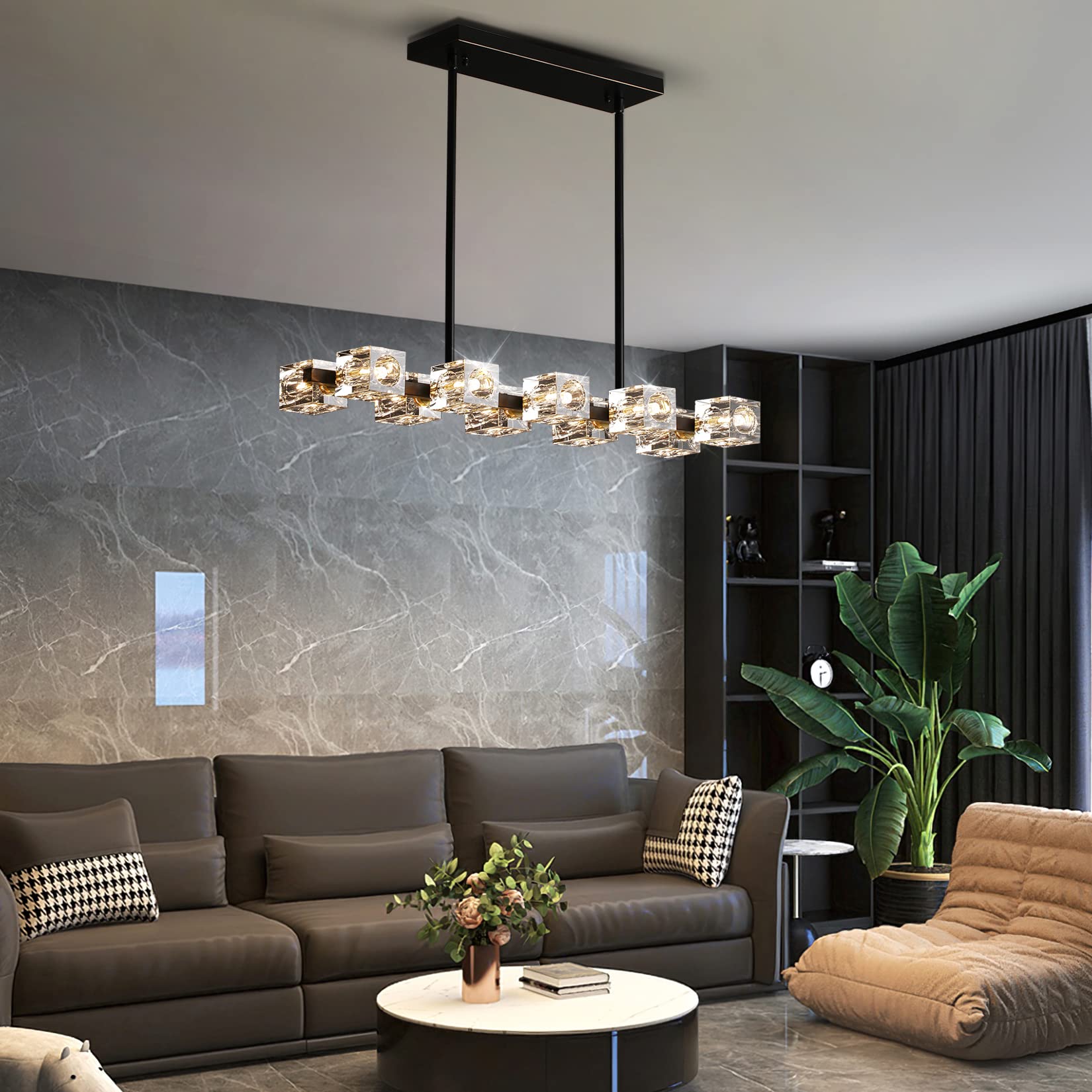 Okes Dining Room Light Fixture,Modern Crystal Chandeleirs Semi Flush Mount Ceiling Light Fixture,Black Metal Crystal Pendant Lig