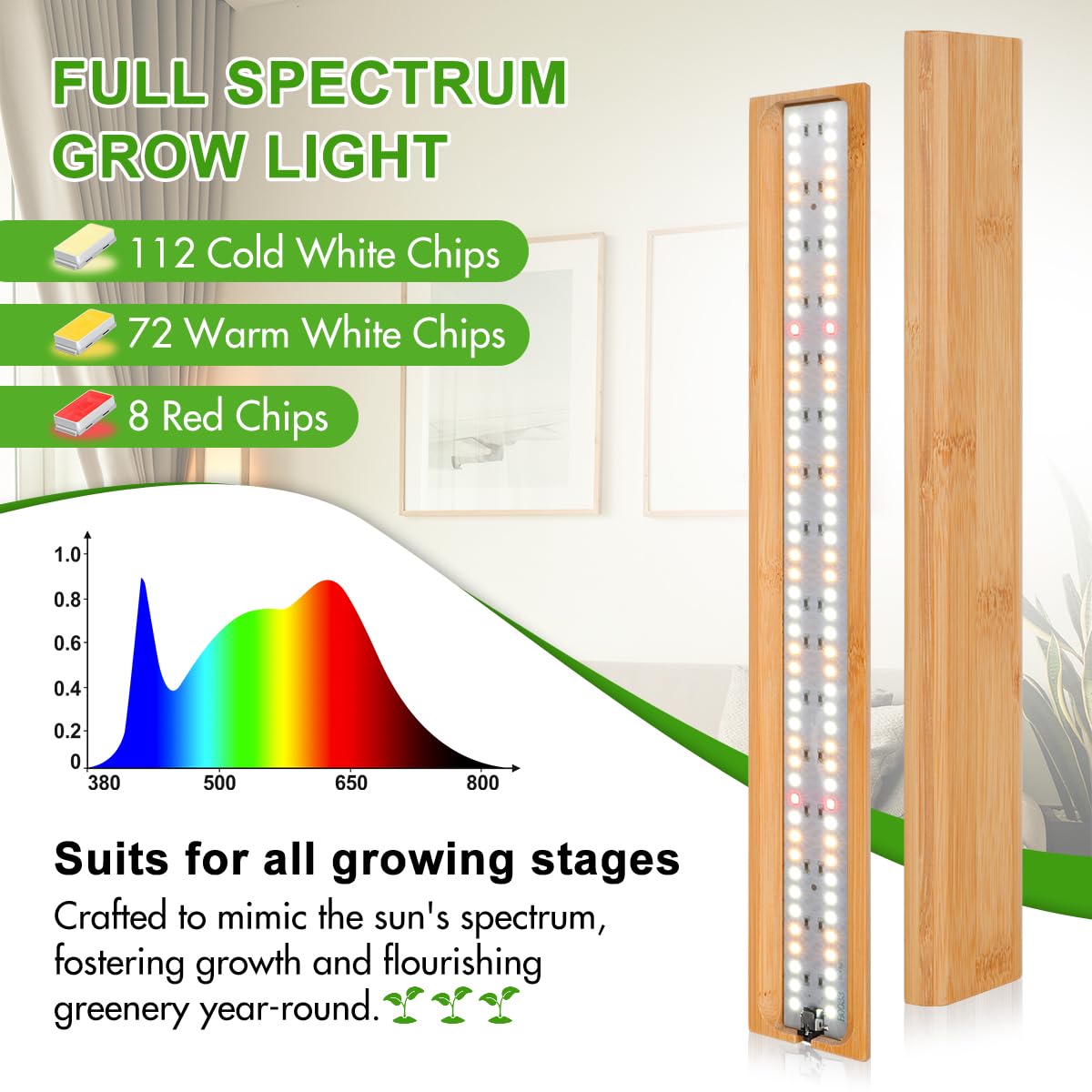 Foxgarden® Bamboo Grow Light Strip For Indoor Plants, Full Spectrum 192 Led Bright Plant Light With Auto On/Off Timer 4/8/12H, 10 Dimmable Brightness, 2 Strips With 1 Controller