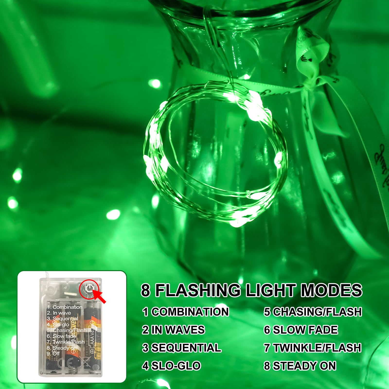 SINAMER Green Fairy Lights Battery Operated (Included), 8 Modes & Auto timer, 16FT 50Led Mini Twinkle Silver Wire Firefly Starry