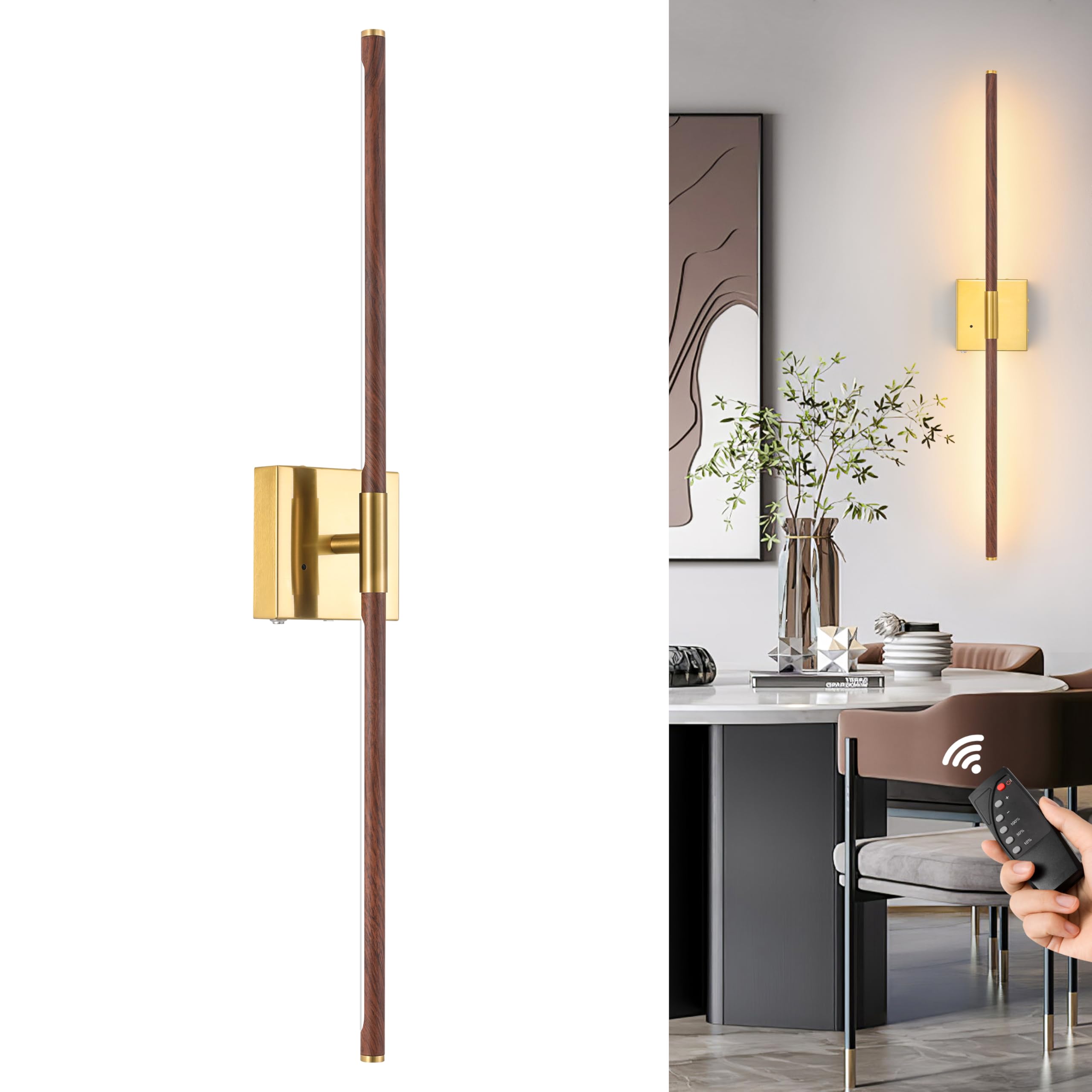 Morauroral 40in Walnut Gold Dimmable Battery Operated Wall Sconces with Remote Control, LED Wireless Lighting, Model 7812