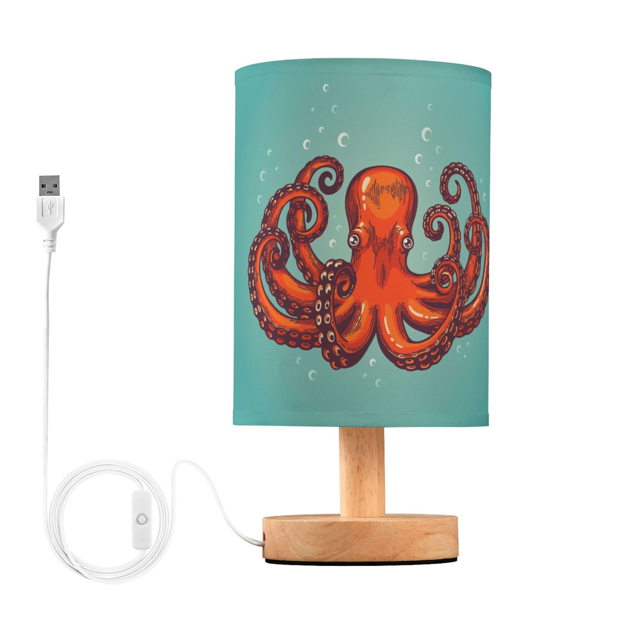 YYZZH Table Lamp Retro Vintage Red Octopus Ocean Bubble on Blue Nightstand Lamp with Wood Base Fabric Lamp Shade Bedside Desk La