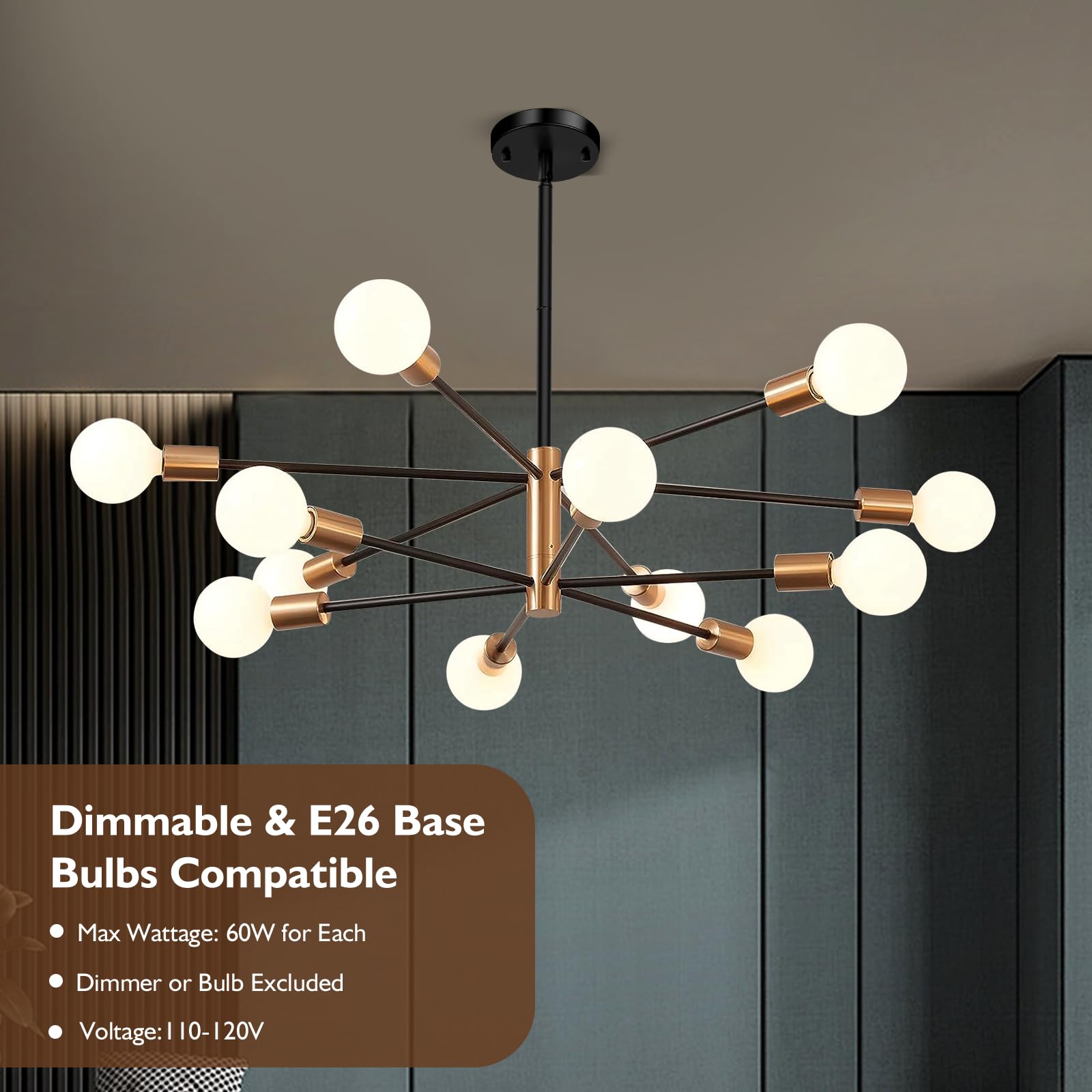 Sheetea 12-Light Sputnik Chandelier, Black And Gold Chandeliers Pendant Lighting, Modern Farmhouse Dinning Room Light Fixture Mid Century Brass, Height Adjustable For Living Room Kitchen Island