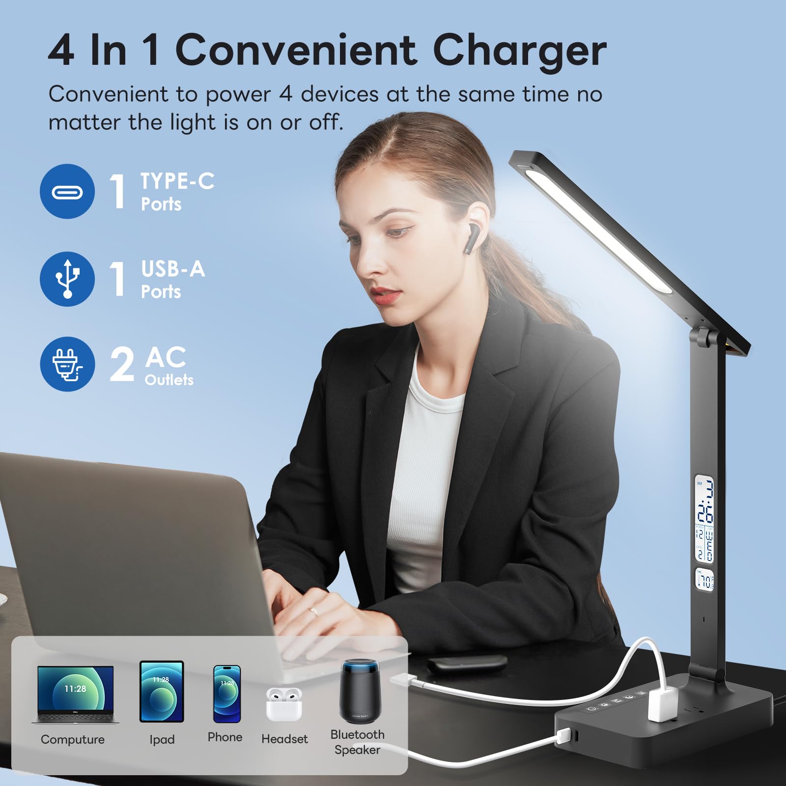 Infiway Desk Lamp With Usb Charging Port: Led Eye-Caring Smart Table Light For Home Office - 1 Type-C, 1 Usb-A Charging Port, 2