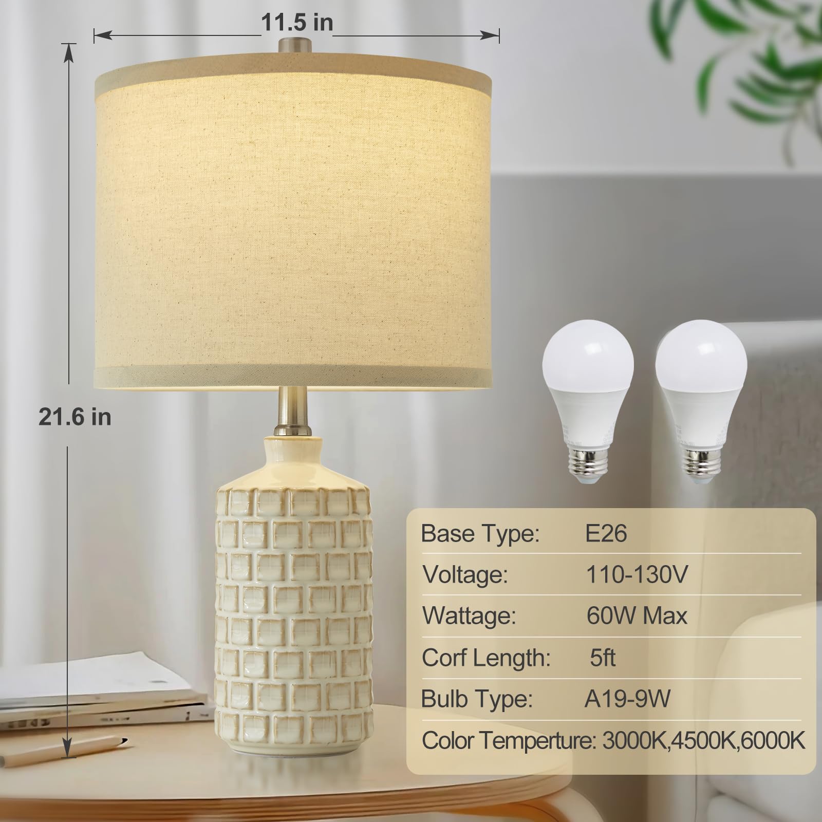 Luvkczc Vintage Farmhouse Table Lamp Set Of 2, Grid Nightstand Lamp With Eye-Protecting Fabric Shade, 3-Color Temperature&2 Bulb