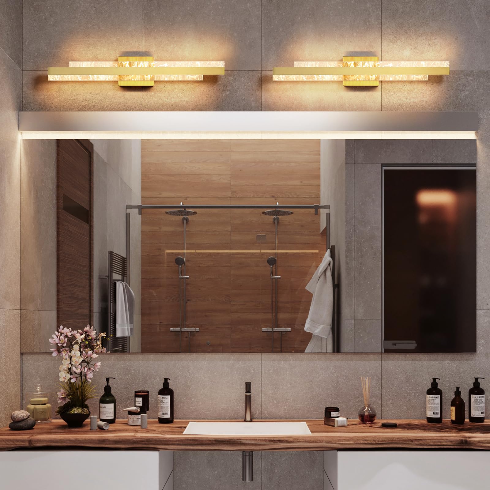 HAHZT Modern Bathroom Vanity Light - 27" Brushed Gold LED Wall Sconce, Dimmable, Model 8075WL, Ideal for Mirrors and Cabinets