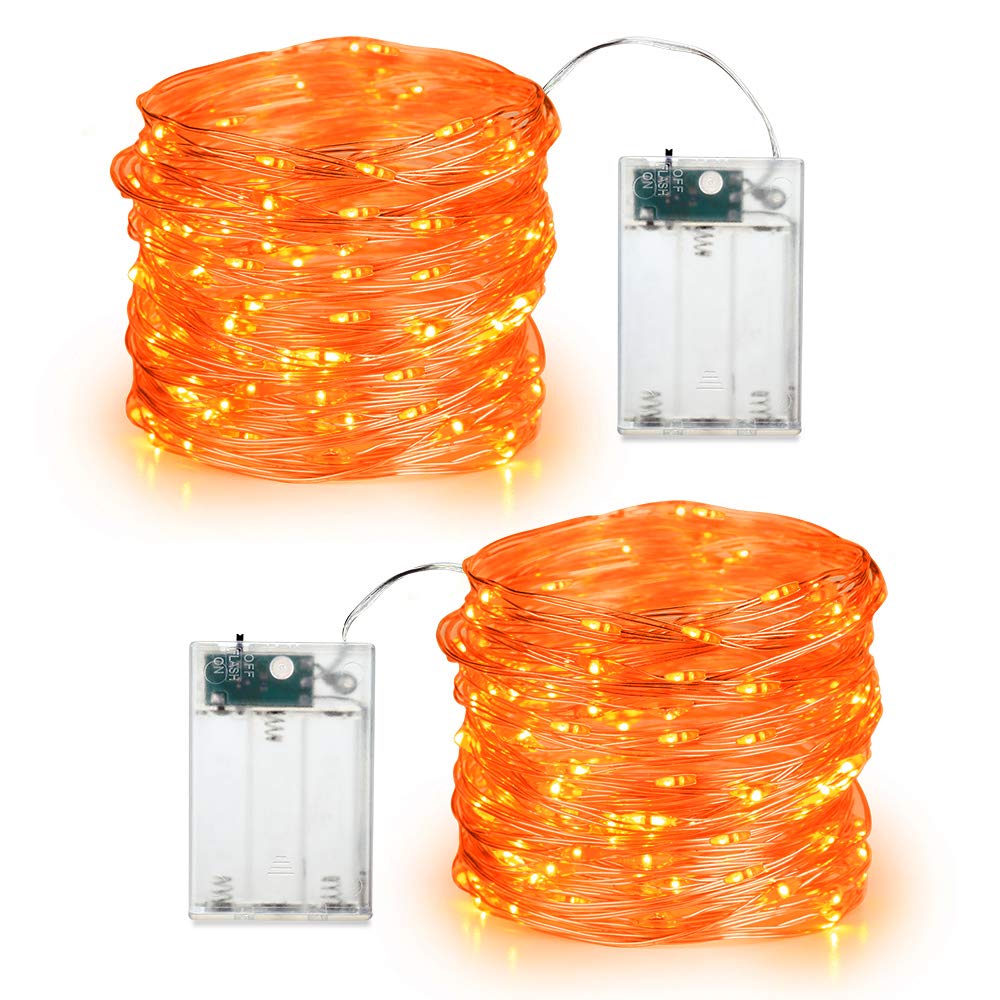BrizLabs Orange Halloween Lights, 60 LED Fairy Lights, 19.47ft, Battery Operated, Indoor, Silver Wire, 2 Pack