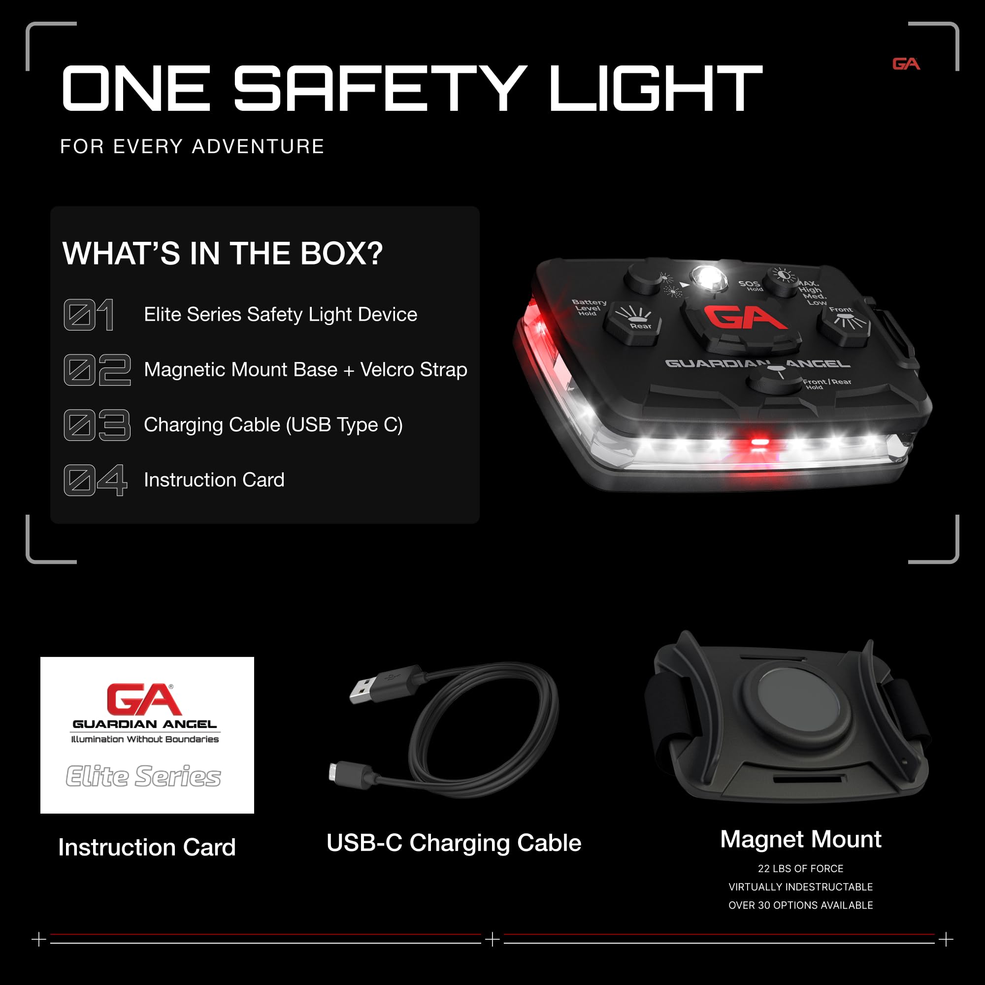 Guardian Angel Elite Series Safety Light, Beacon Device (White Front & White/Red Rear) Rechargeable, Magnetic, Hands-Free Wearab