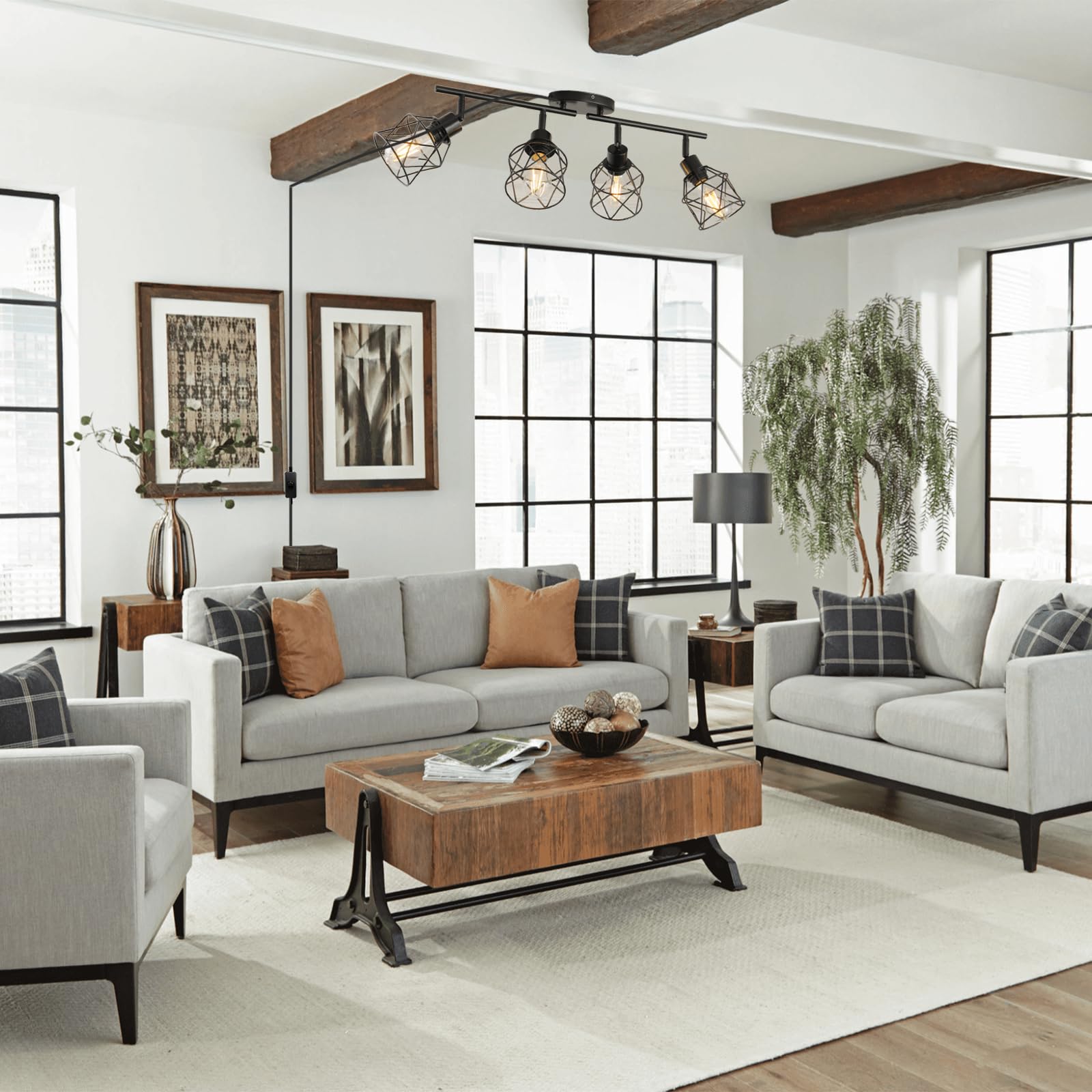 Vivihobb Dimmable 4 Light Plug In Ceiling Light Black Plug In Track Lighting Kit With 16.5 Cord Flexibly Rotatable Light Head Modern Industrial Farmhouse Style(Bulbs Not Included)