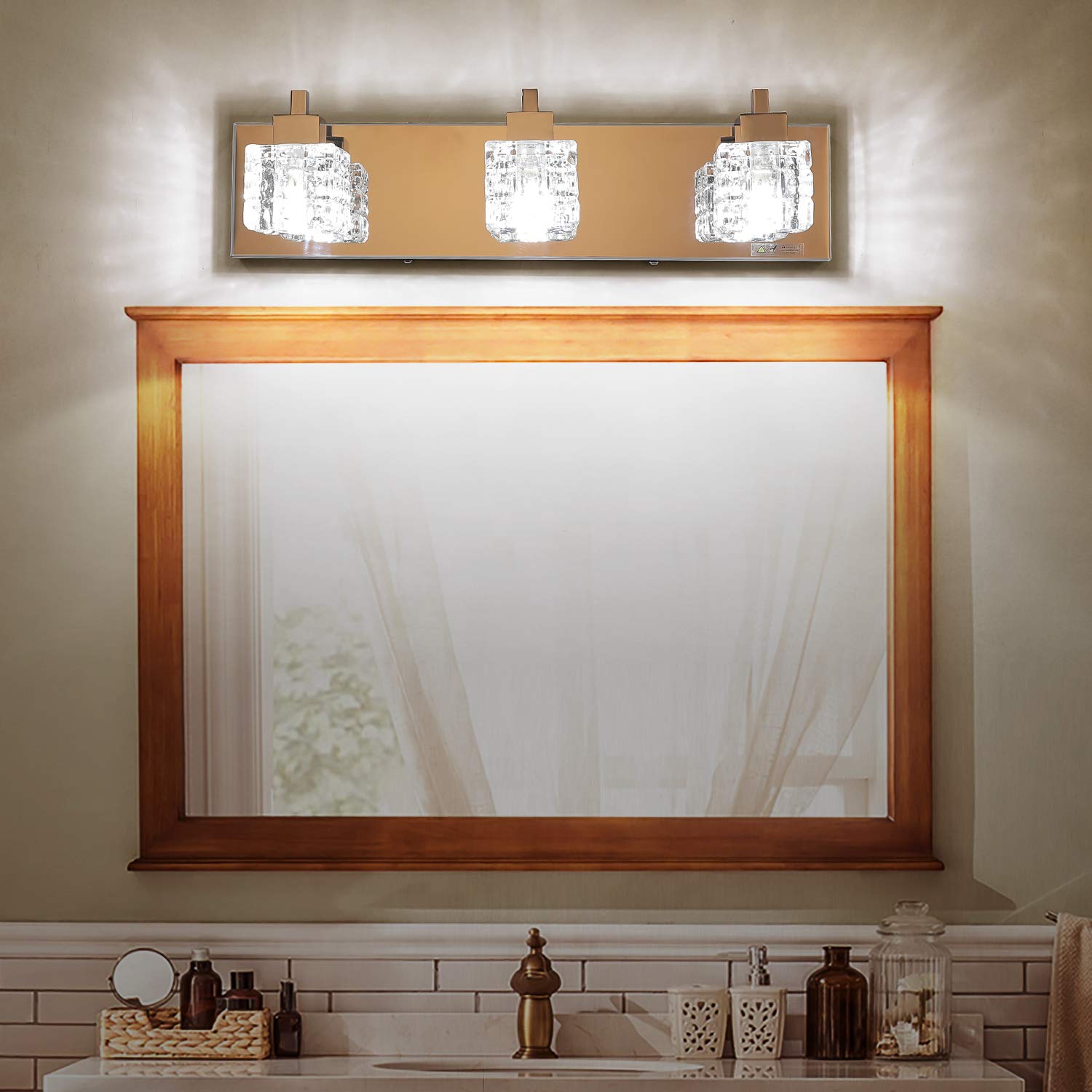 TRLIFE Bathroom Vanity Light Fixture, Modern 3-Light Crystal Design, 19 Inches, Silver, Stainless Steel, Model Crystal-TS-3T