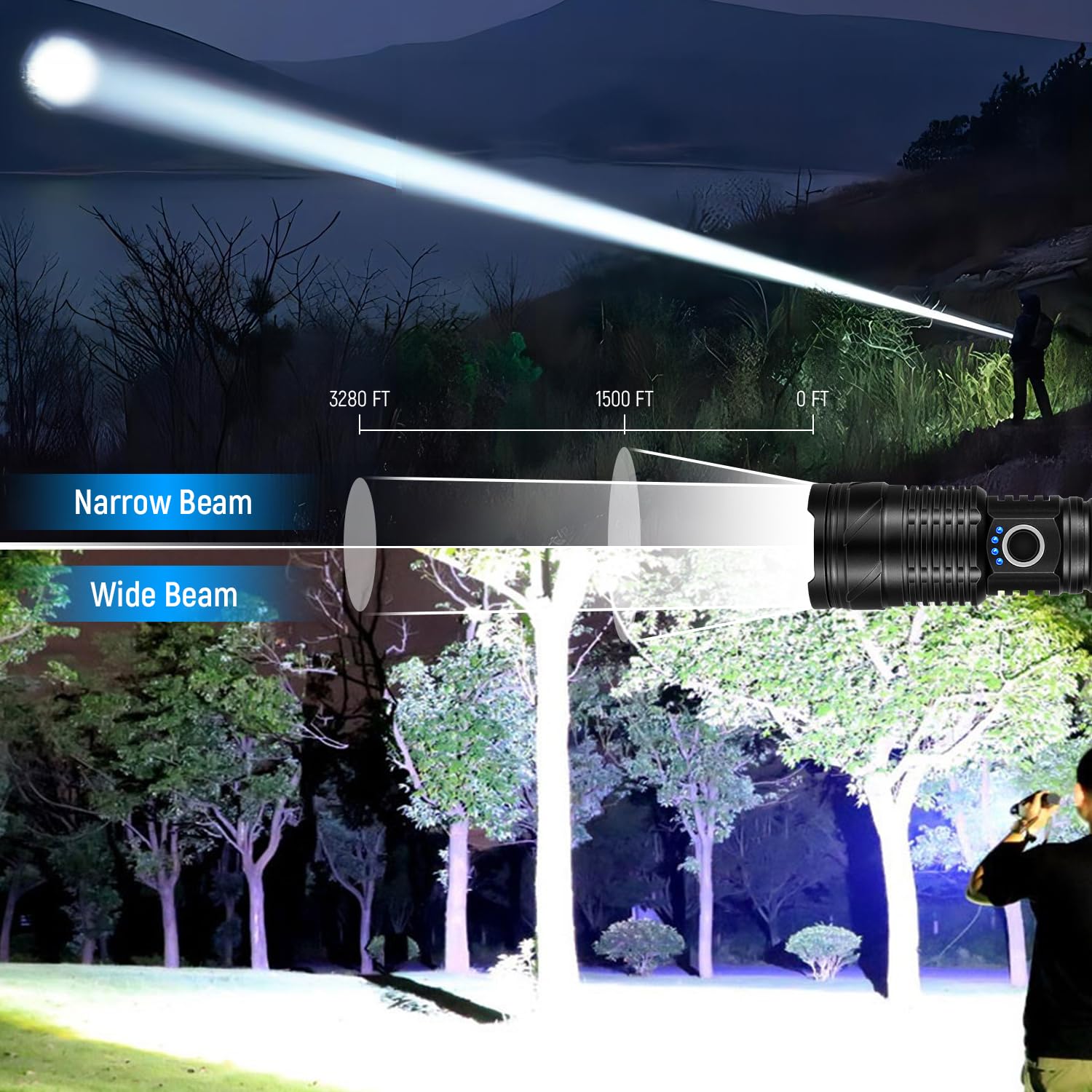 taoquwe Rechargeable LED Flashlight, 990,000 Lumens, Waterproof, Aluminum, Black, Model T220-1