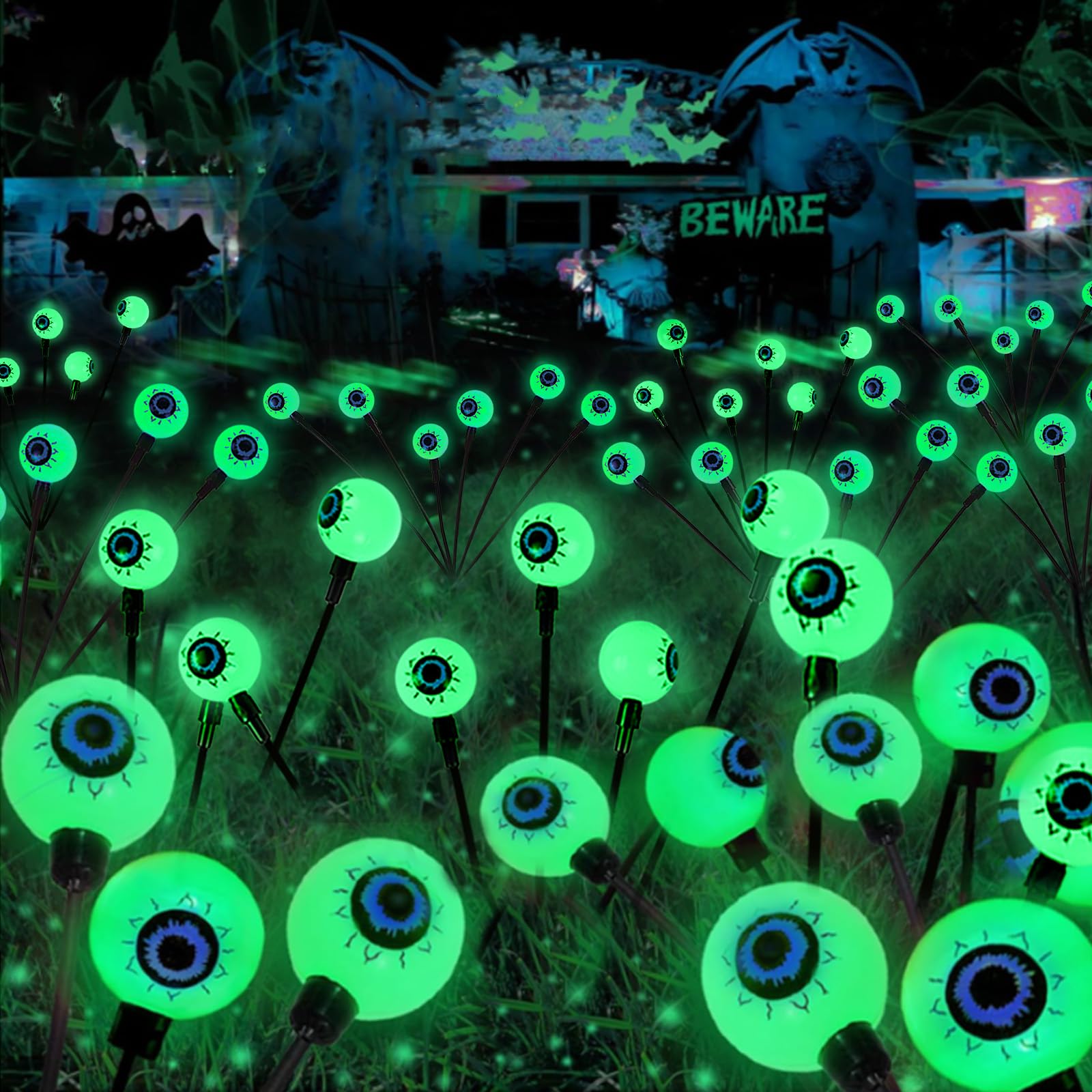 YIQU Solar Eyeball Lights - 24 LED Green, 4 Pack, Waterproof, 2 Lighting Modes for Outdoor Halloween Decorations