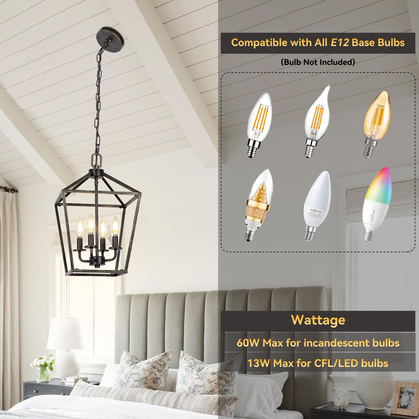 4 Light Chandelier Lighting, Industrial Ceiling Light Black Lantern With Brushed Gold, Geometric Metal Hanging Light Fixture Wit