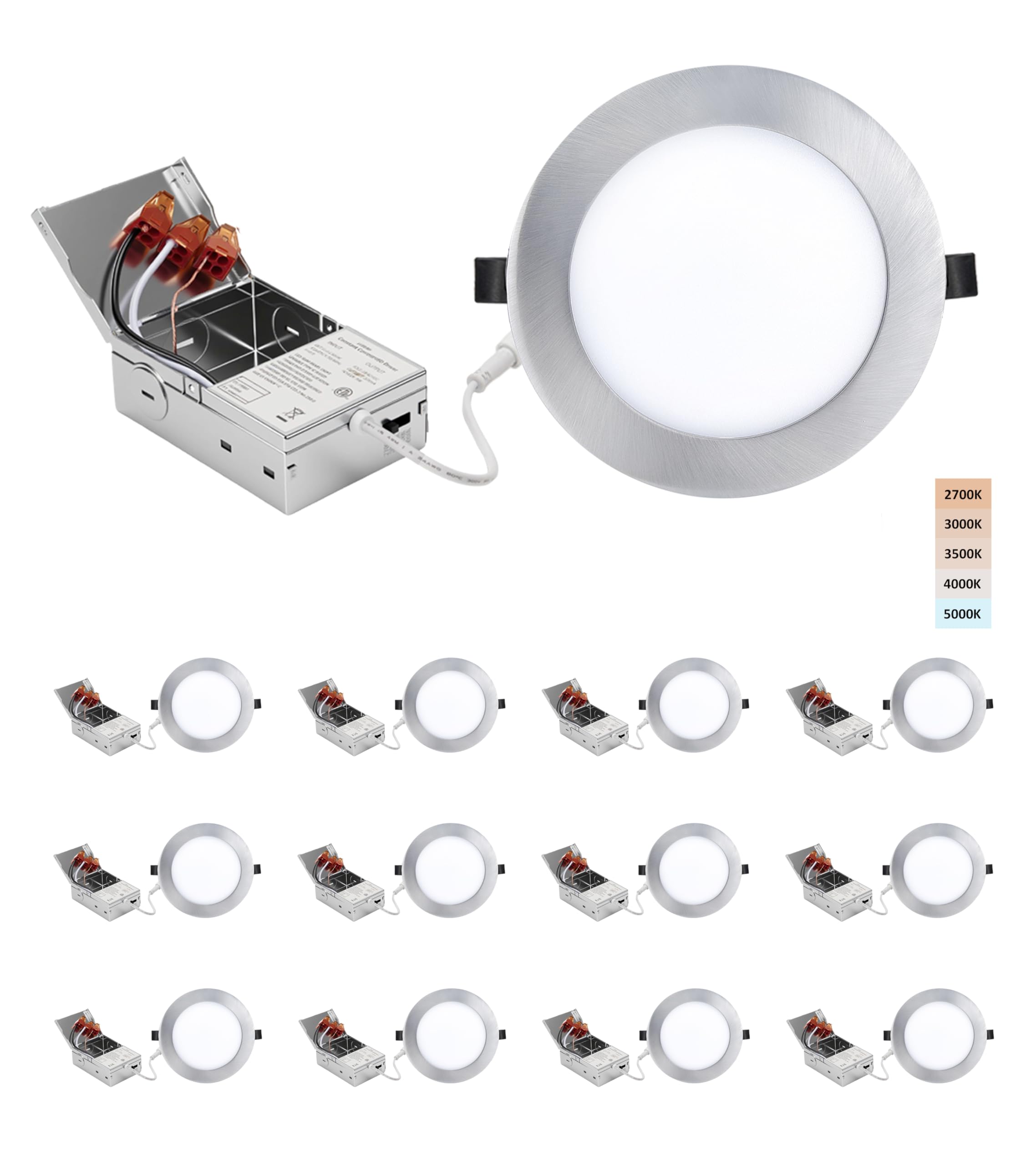 POPANU 6-inch LED Recessed Lights - Slim Recessed Ceiling Light with Junction Box, 12W 5CCT Canless Lighting Fixture, Dimmable, 