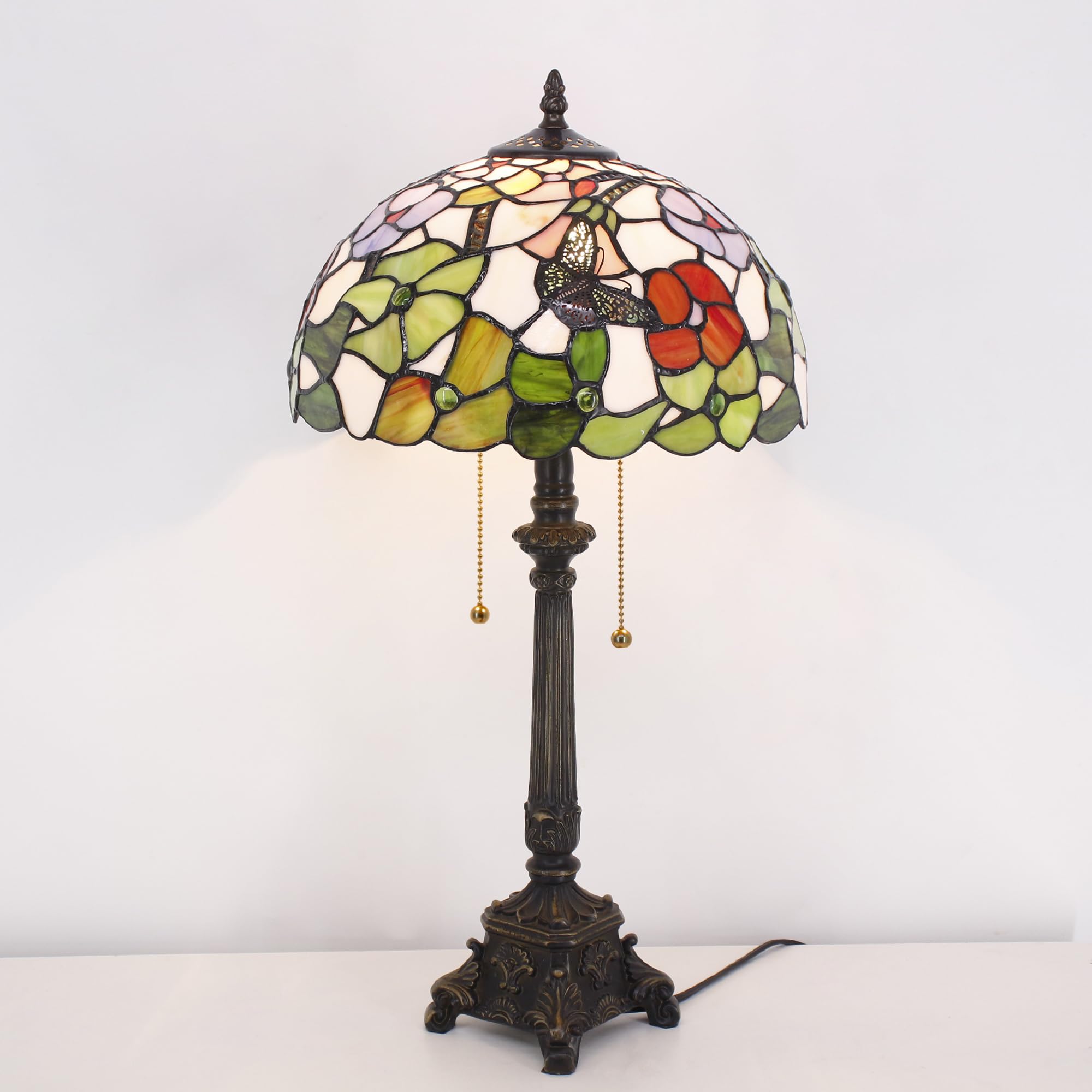 L-Juicwe Tiffany Table Lamp Butterfly Flower Style Stained Glass Desk Lamp 12X12X21 Inches Reading Light