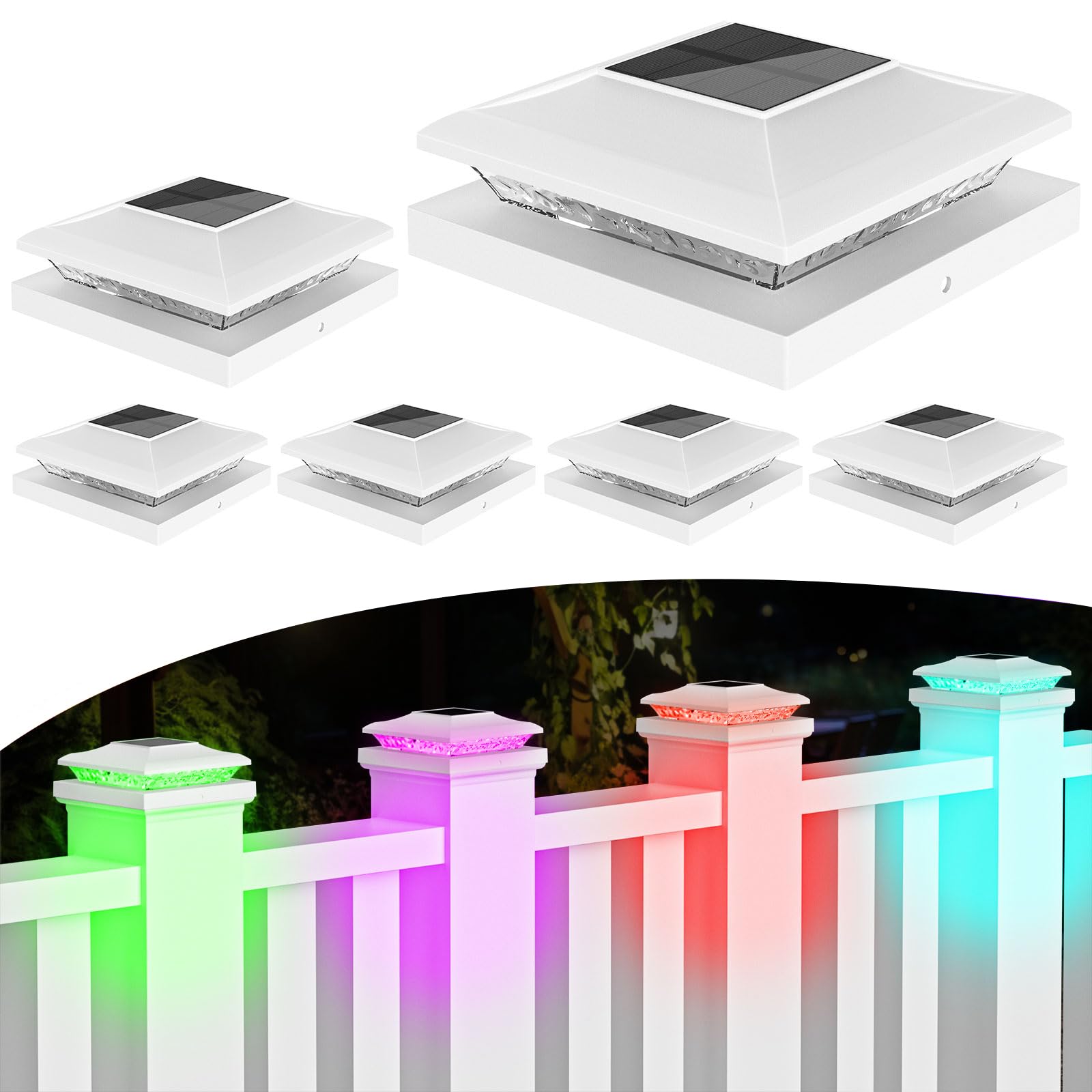 RGB Solar Post Cap Lights Outdoor, 6 Pack Color Changing Solar Fence Post Lights with Multiple Lighting Modes, Waterproof Solar 