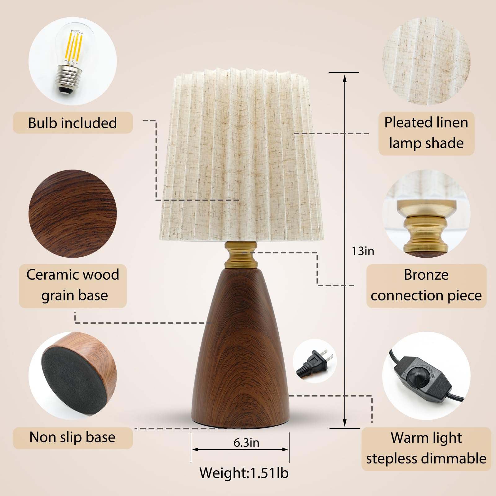 nomoluke Small Pleated Table Lamp Set of 2, Dimmable Mini Bedside Lamps, Standard Size, Ceramic Shade