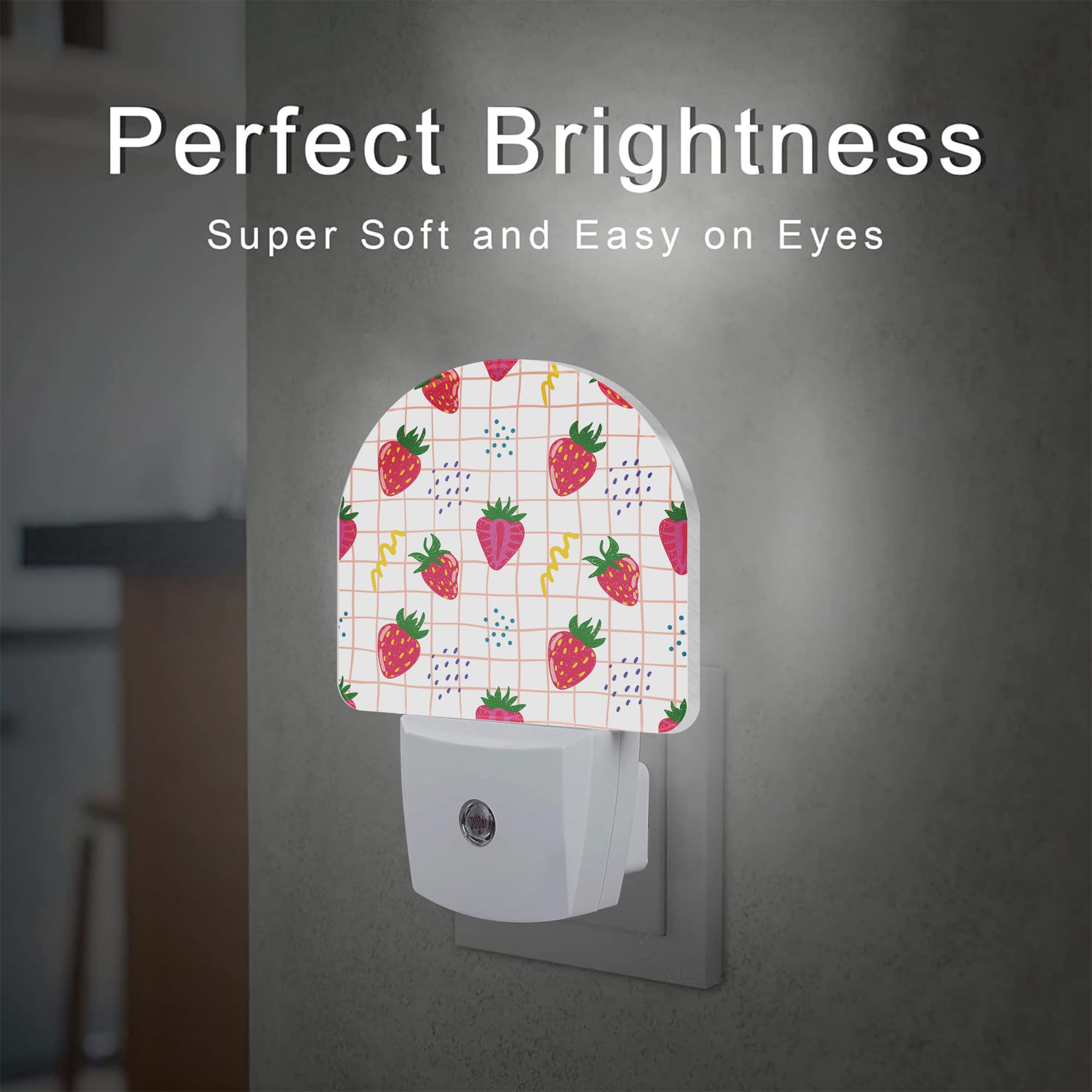 Sndheke Cute Red Strawberries Night Light Plug Into Wall, Abstract Funny Fruits Dusk To Dawn Night Light Plug In,0.5W Energy Sav
