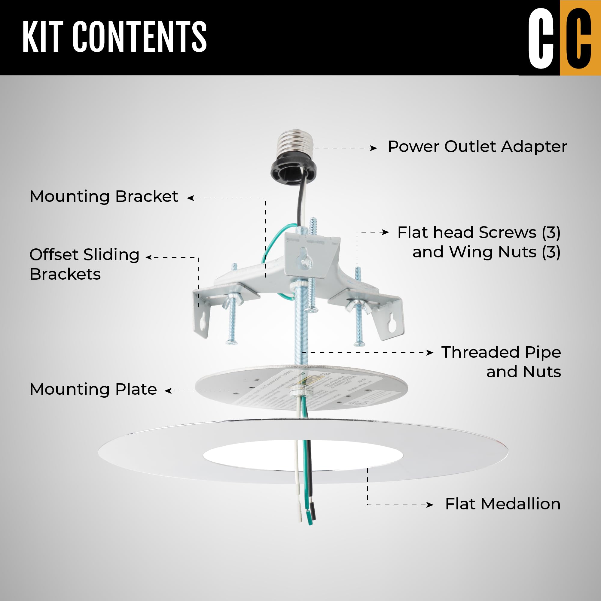 The Can Converter - R56, Recessed Can Light Conversion Kit, For Ceiling Light Fixture, Pendant Light, Hanging Light, Ceiling Fan, With 7’¾ Inch Flat, Steel, Ceiling Medallion, Polished Chrome