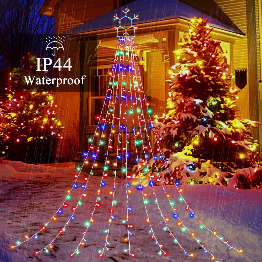 Cerflyer 320 Led Outdoor Christmas String Lights, 11.5 Ft Waterfall With Snowflake Topper, 8 Modes