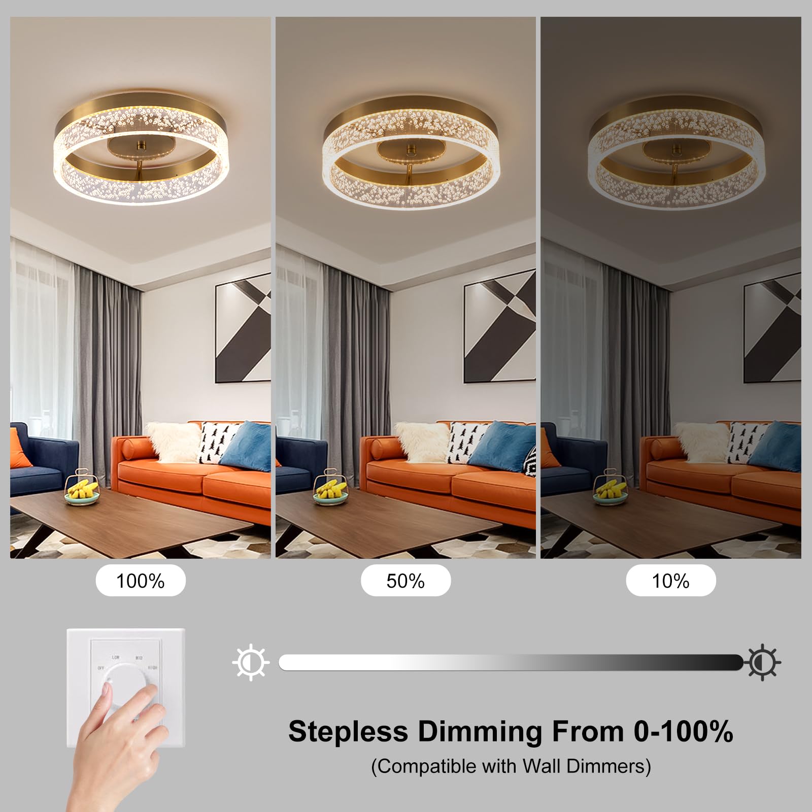 Jaycomey Modern Led Ceiling Light Fixture, 11.65'' Flush Mount Kitchen Lighting Gold With Clear Seeded Acrylic Lampshade,Round C