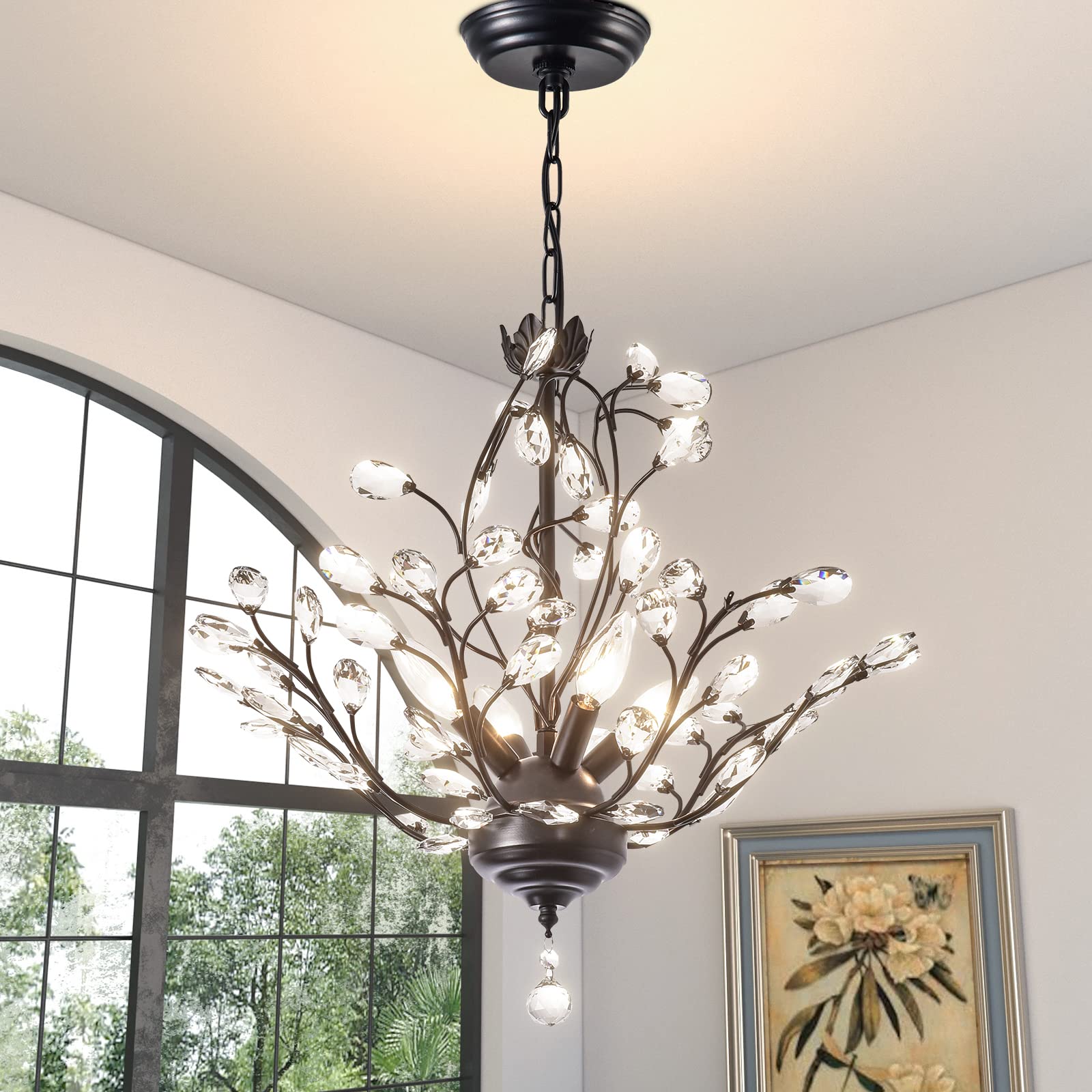Maxax Vintage Crystal Branch Chandelier, 4-Light Adjustable, Metal, Black, Model 19046