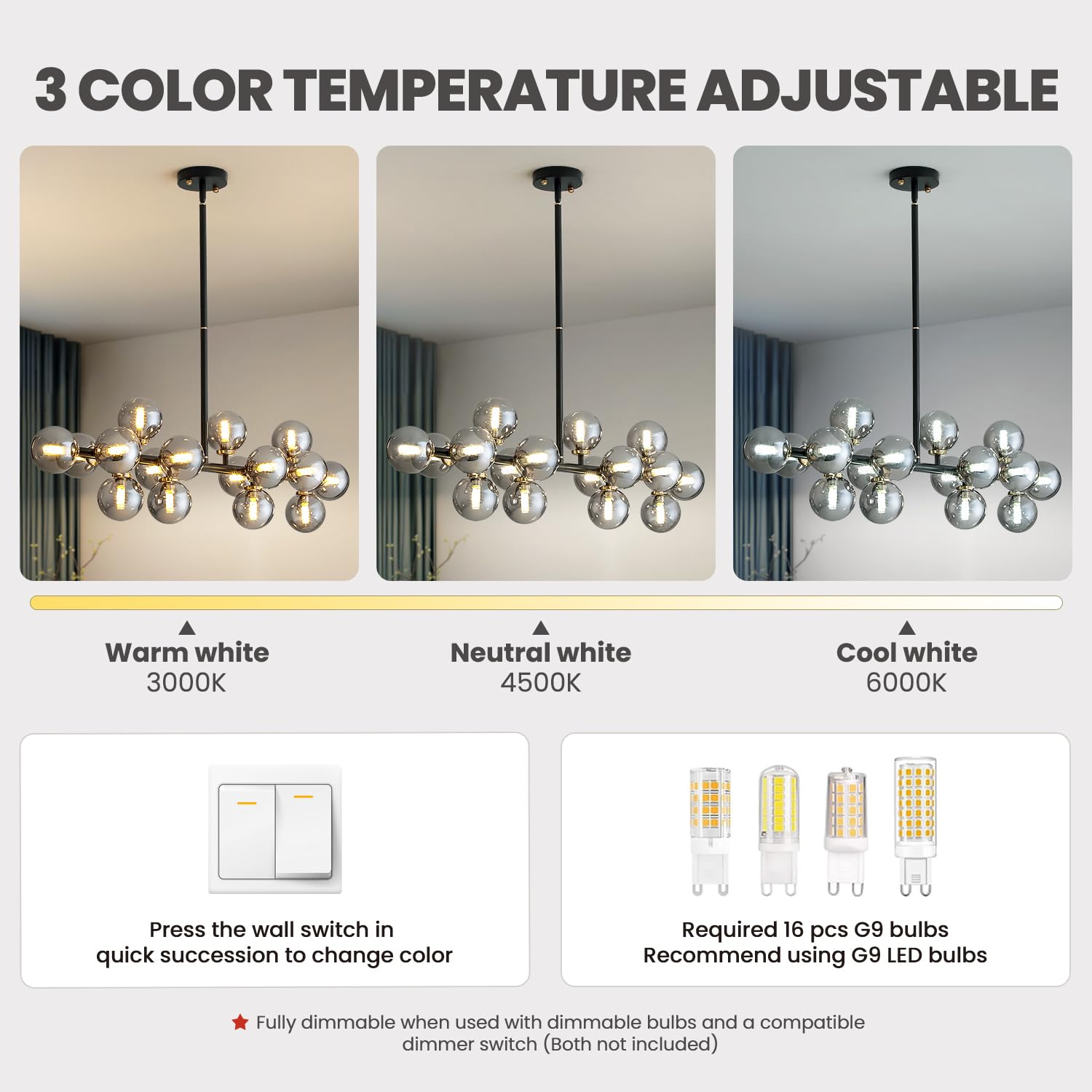 CROSSIO 16 Lights Mid Century Modern Chandelier Black Iron Glass Globe Pendant Light Fixture for Dining Room Kitchen