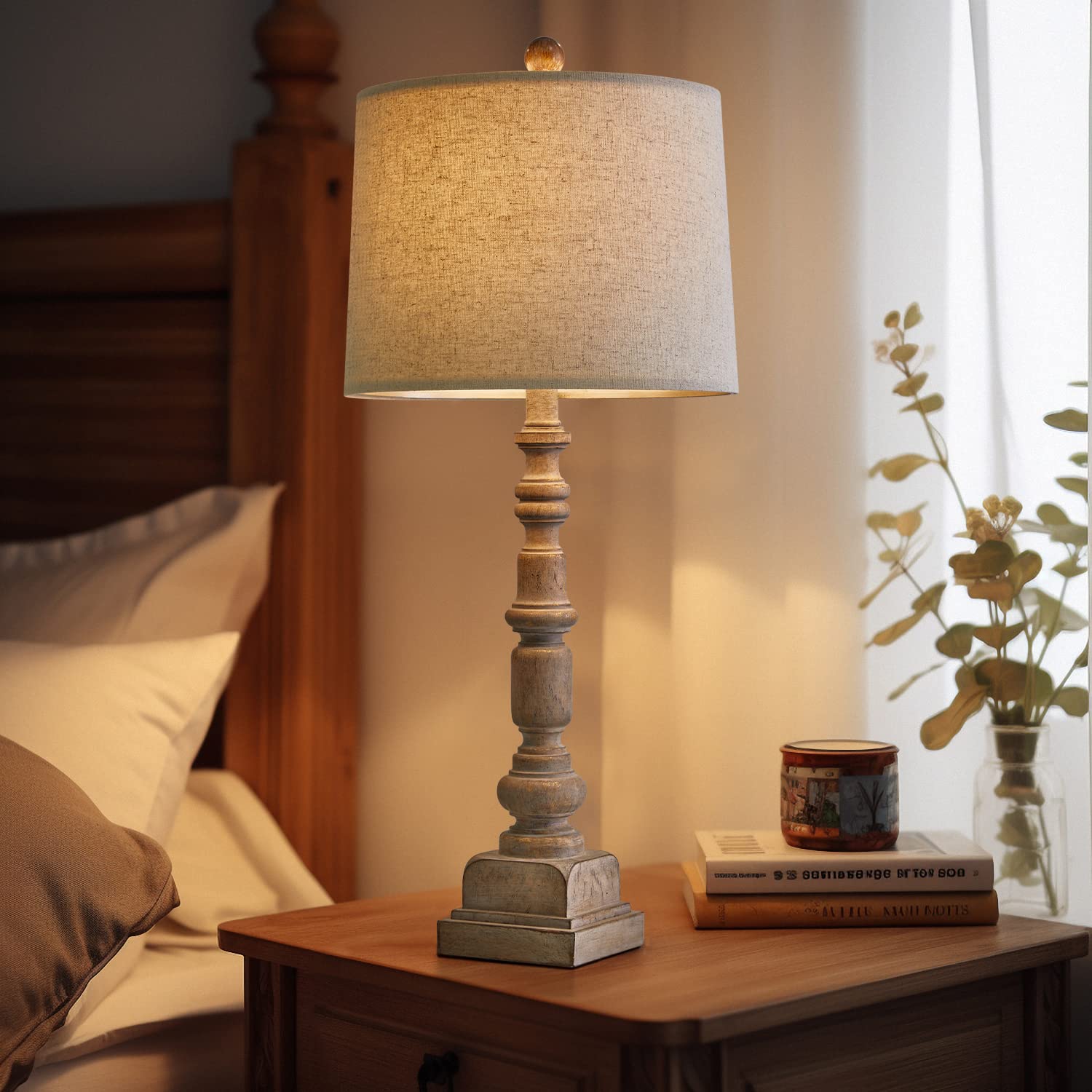 Oneach Vintage Farmhouse USB Table Lamps Set of 2, 27.75" Resin, Antique Wood Finish, Dual USB Ports, Model AMZ-T336USB-WW