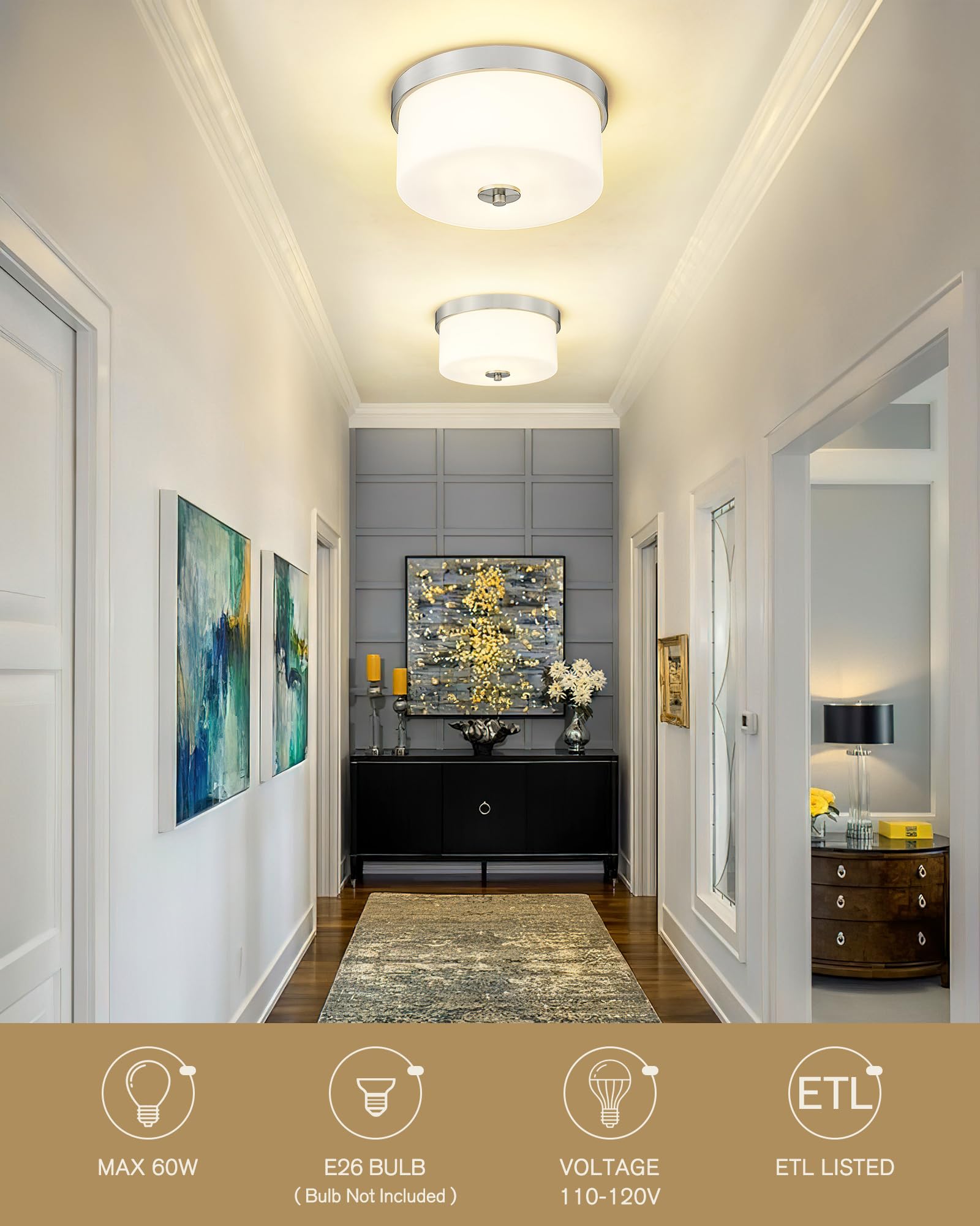 Emak Modern Brushed Nickel Ceiling Light Fixture With Milk Glass Shade, 2-Light, 11 Inch