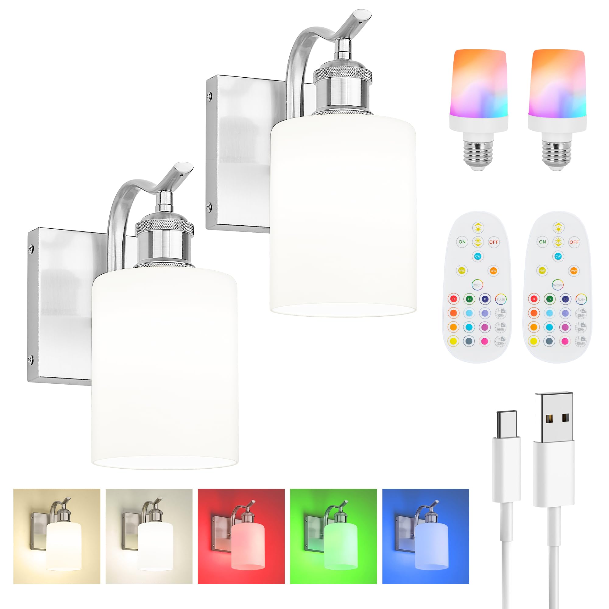 JAZAVA Wall Sconce Set of 2, Battery Operated, Remote Control, Brushed Nickel & Milk Glass, Model ZCVL01BN-1B-2P