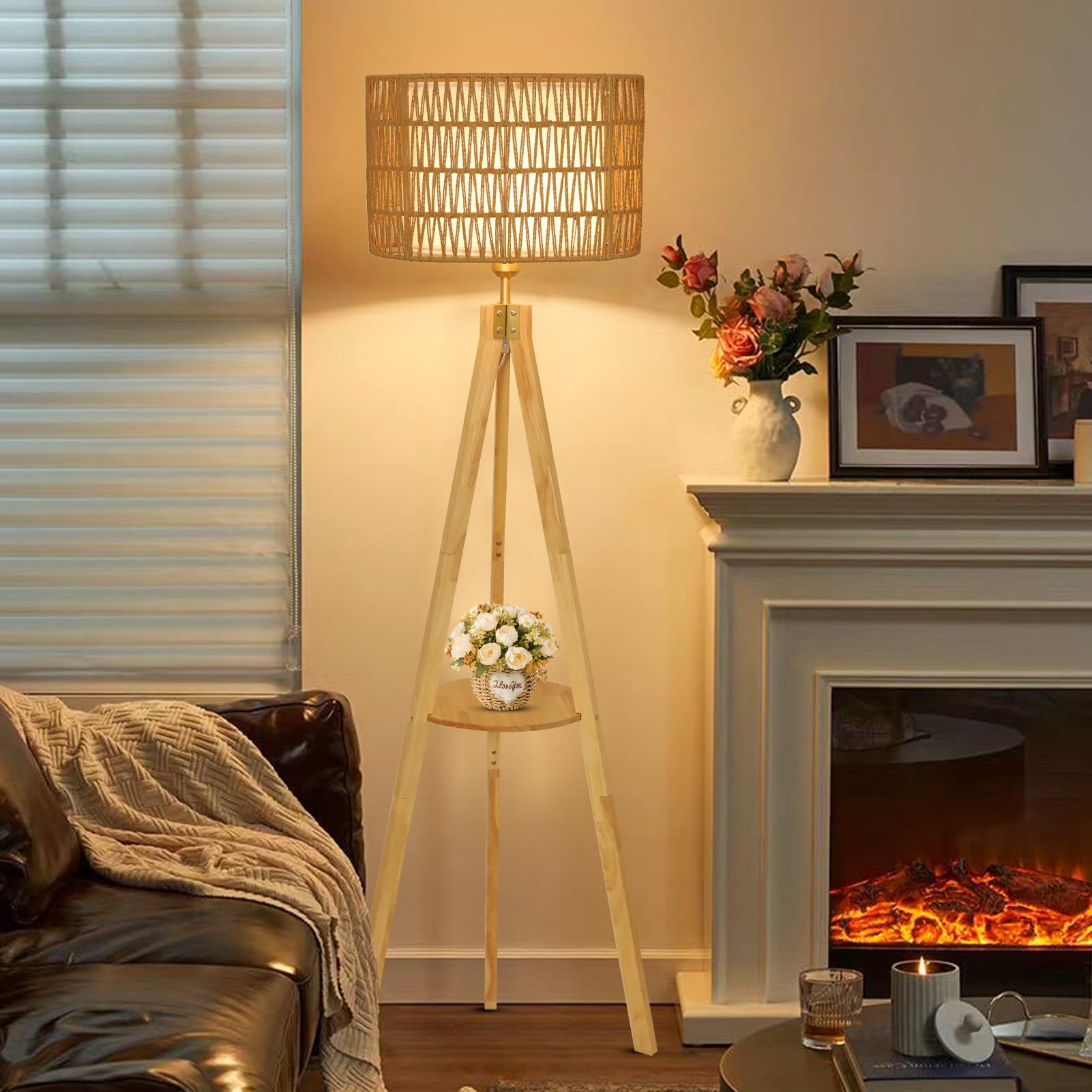 LAMSU Oak Wood Tripod Floor Lamp, Boho Style with Shelves, Fabric Shade, Model 230705D1, Log Color
