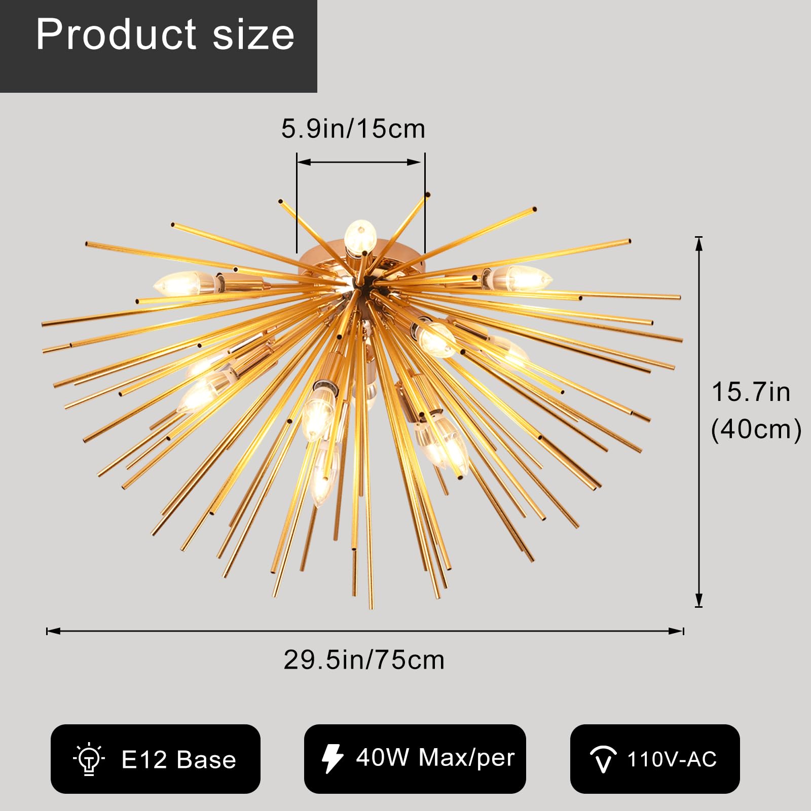 Jaycomey Sputnik Ceiling Light Fixtures, Mid-Century 12 Lights Gold Firework Ceiling Light, Modern Semi Flush Mount Ceiling Lamp
