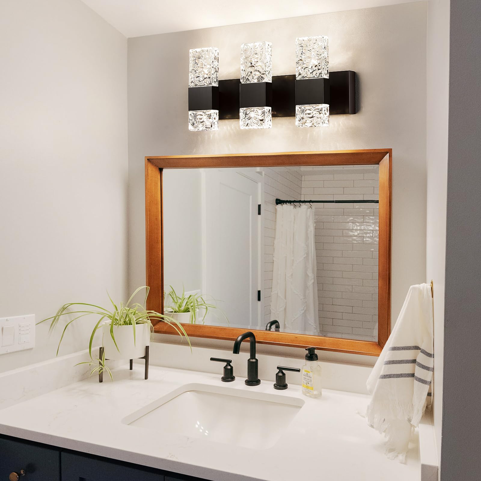 Epinl 3-Light Black Bathroom Vanity Light Fixtures, Iron + Crystal, Modern Wall Sconces, Model 8013WL-03BK-US, 4000K LED