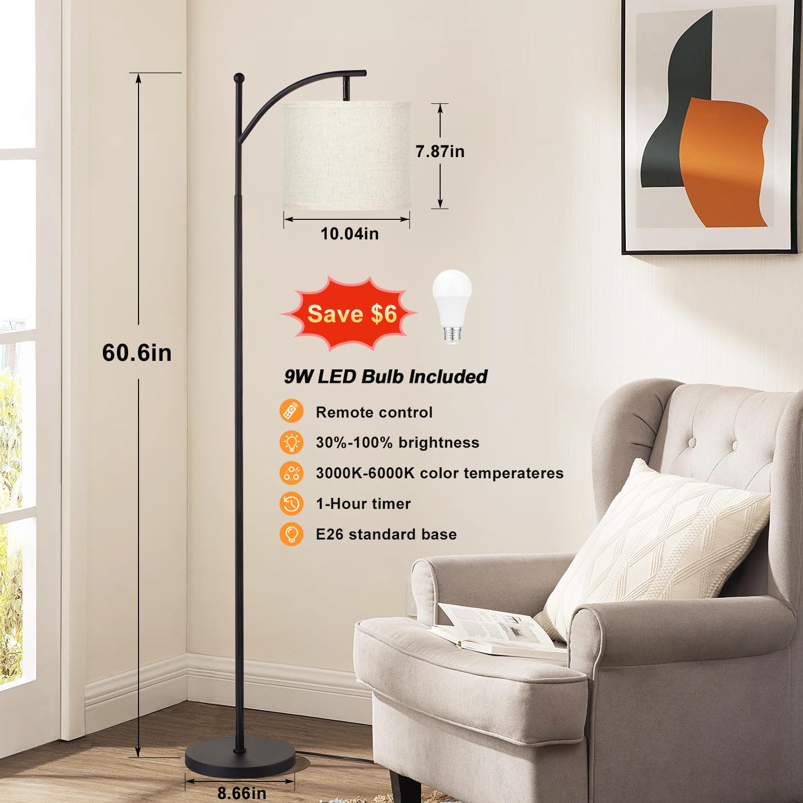 Ambimall 60'' Floor Lamp With Remote Control And Stepless Dimmable Bulb, Colors Temperature & Brightness Adjustable, Modern Floo