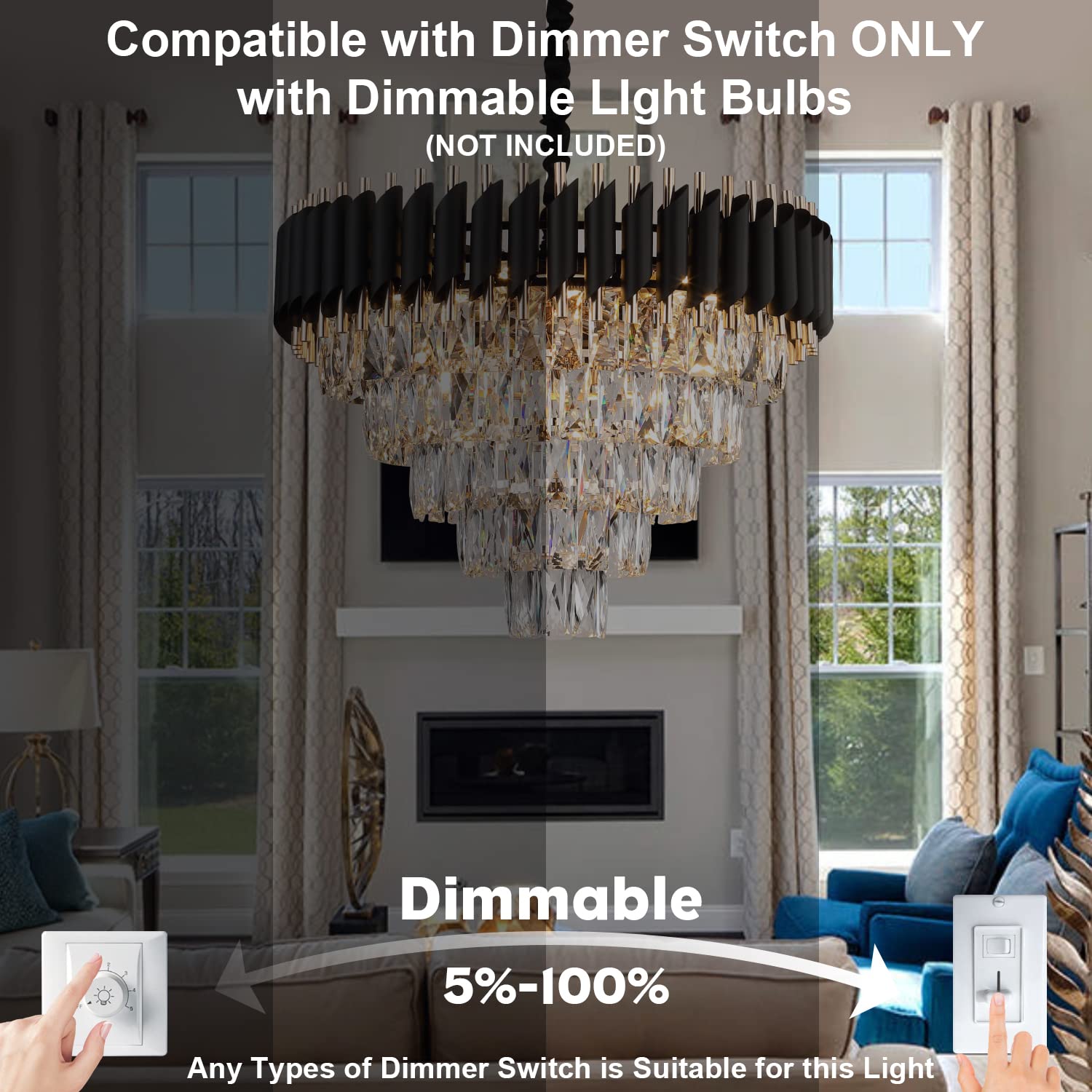 AXILIXI Crystal Chandelier, 24" Modern K9 Crystal Pendant Lighting, Black & Gold, 5 Tiers for Living Room, Entryway, Dining Room