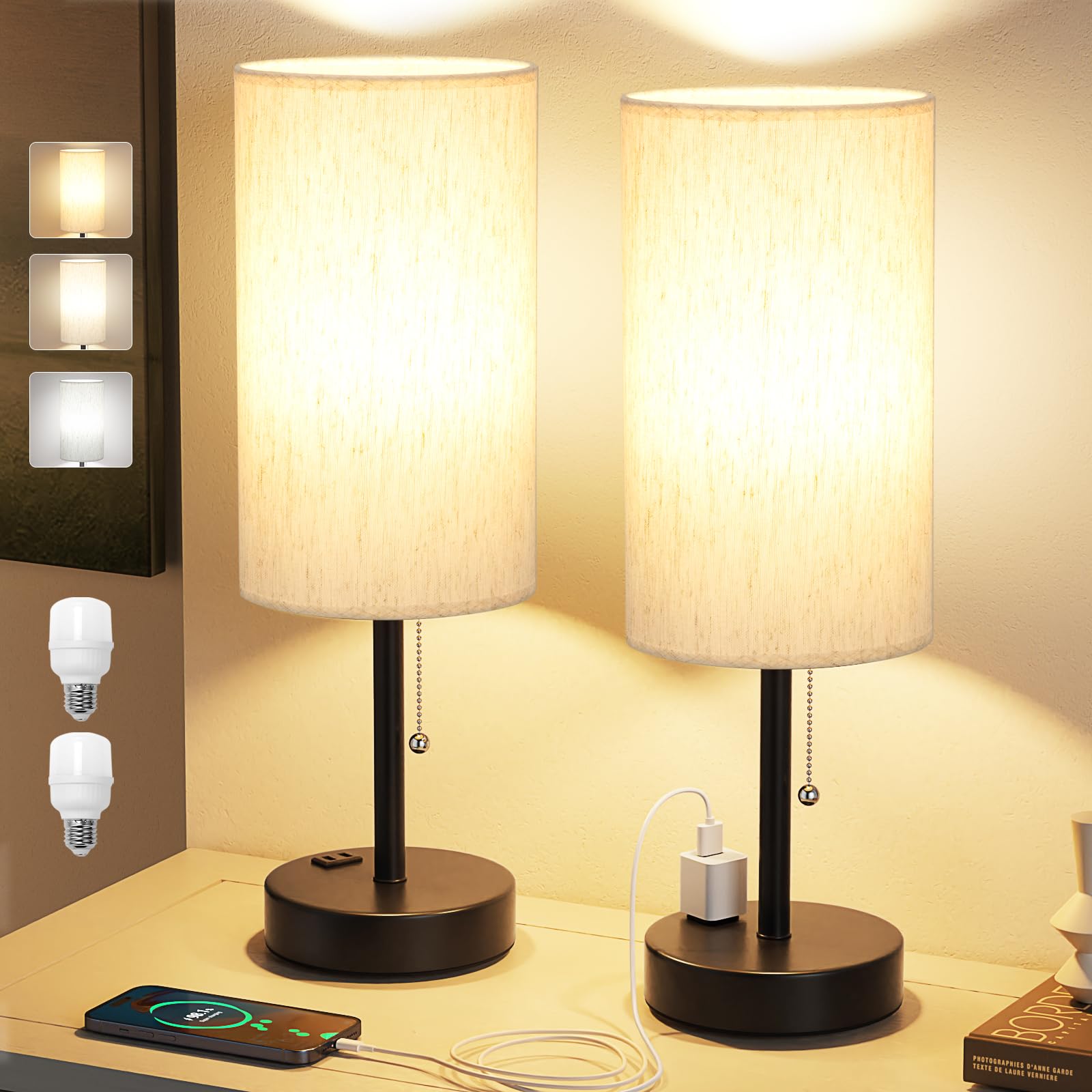 Fenmzee Plus Bedside Table Lamps Set of 2-3 Color Temperatures Pull Chain Lamp with AC Outlet Charging Port, Round Night Stand L