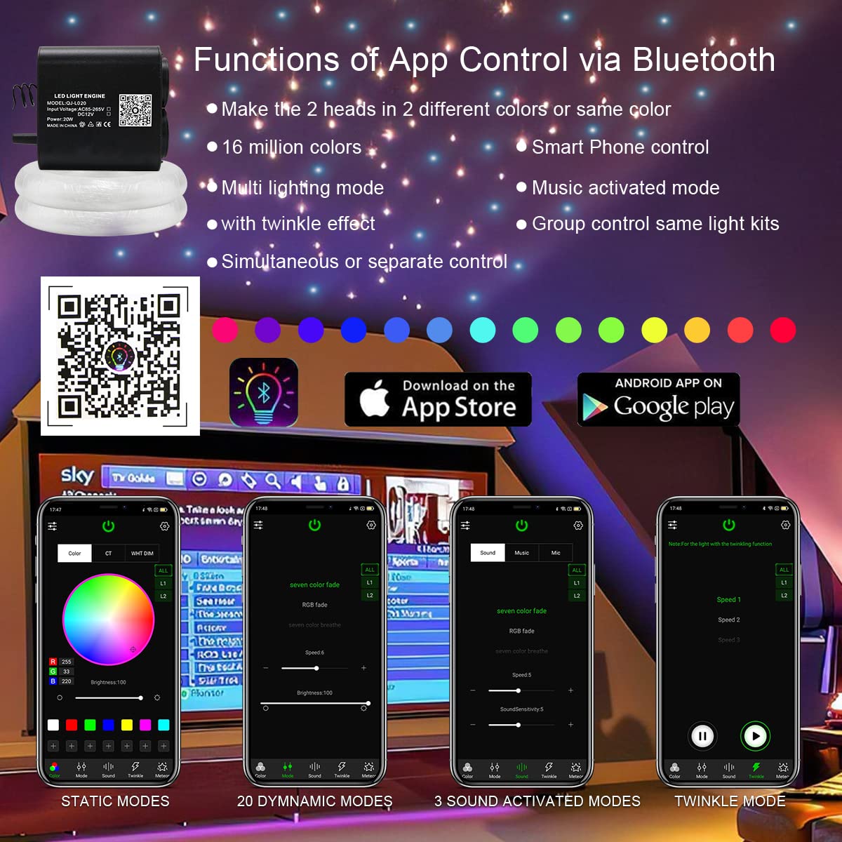 AKEPO Fiber Optic Lights Kit, 20W Dual-Head, RGBW Color, 600pcs 0.03in Fibers, 9.8ft, Aluminum, Model QJ