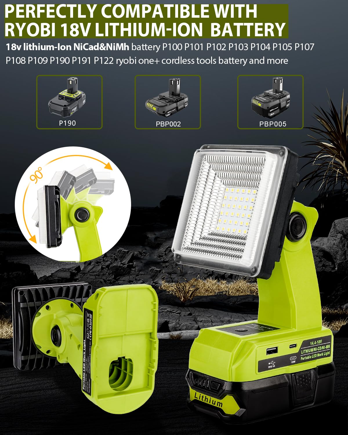 Adisipsoarin 2000LM LED Work Light for Ryobi 18v Battery, 16W LED Lantern for Car Repairing, Camping,Emergency and Job Site Ligh
