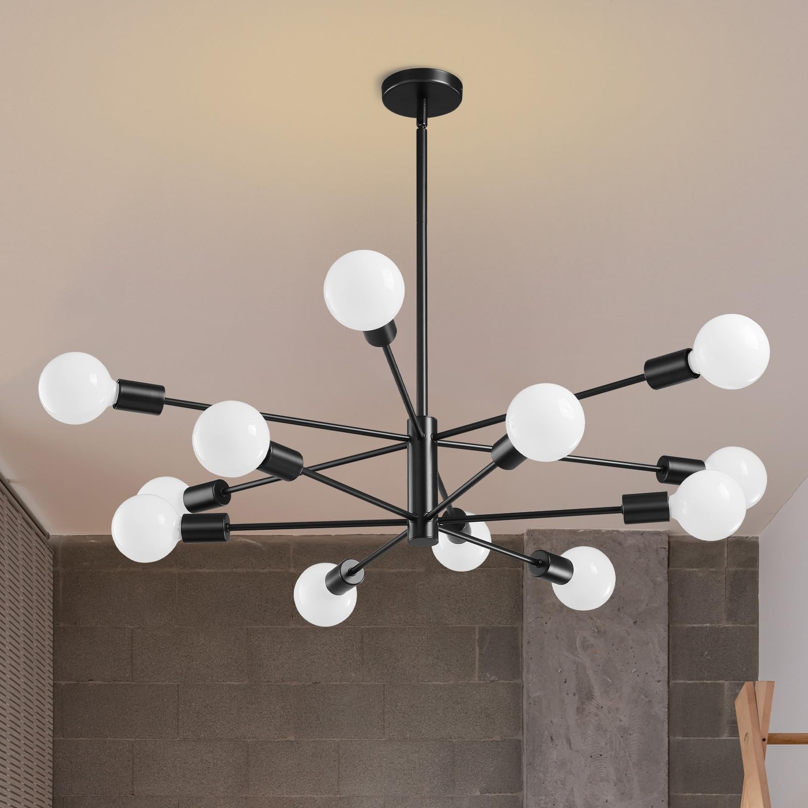 Ruiyey Modern Sputnik Chandeliers Light, 12-Light Black Chandeliers For Dining Room, E26 Height Adjustable Chandelier Ceiling Li