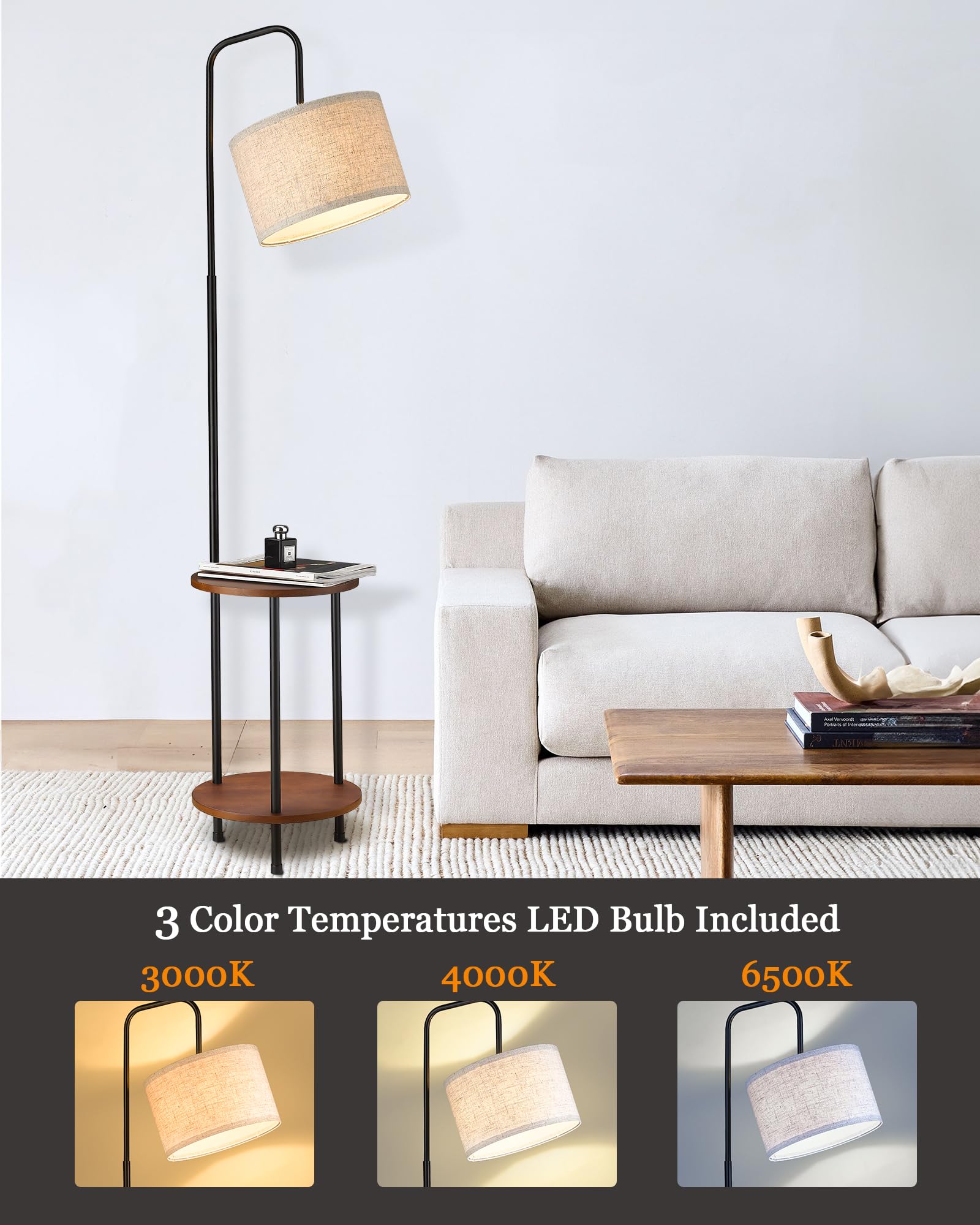 Elyona Modern Floor Lamp With End Table, 3-Color Temperatures Solid Wood Side Table Lamp With Adjustable Drum Shade, Rustic Read