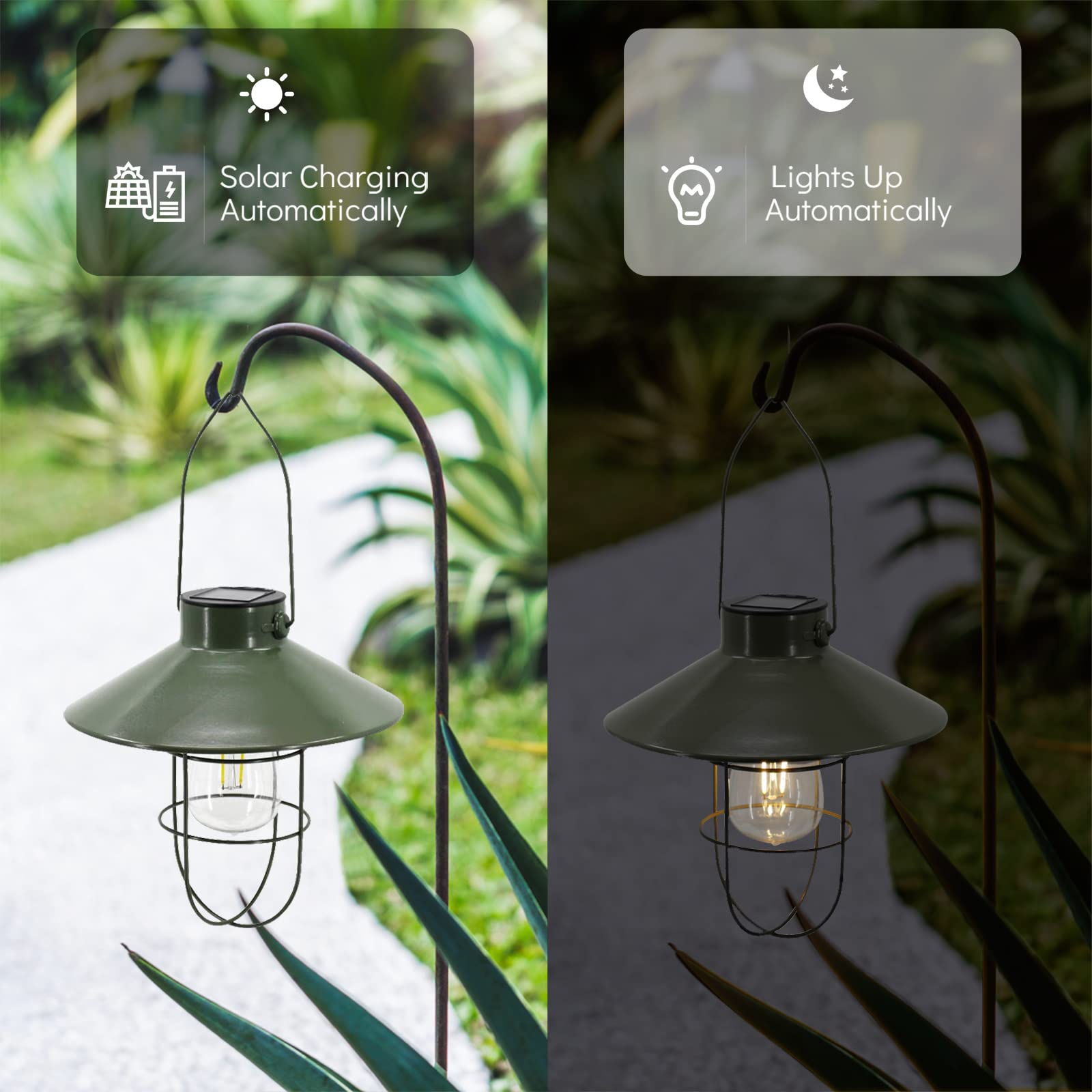pearlstar Solar Lantern Outdoor Hanging Light, Metal, Green, Warm White Edison Bulb, Model HIA049 for Garden Patio Decor