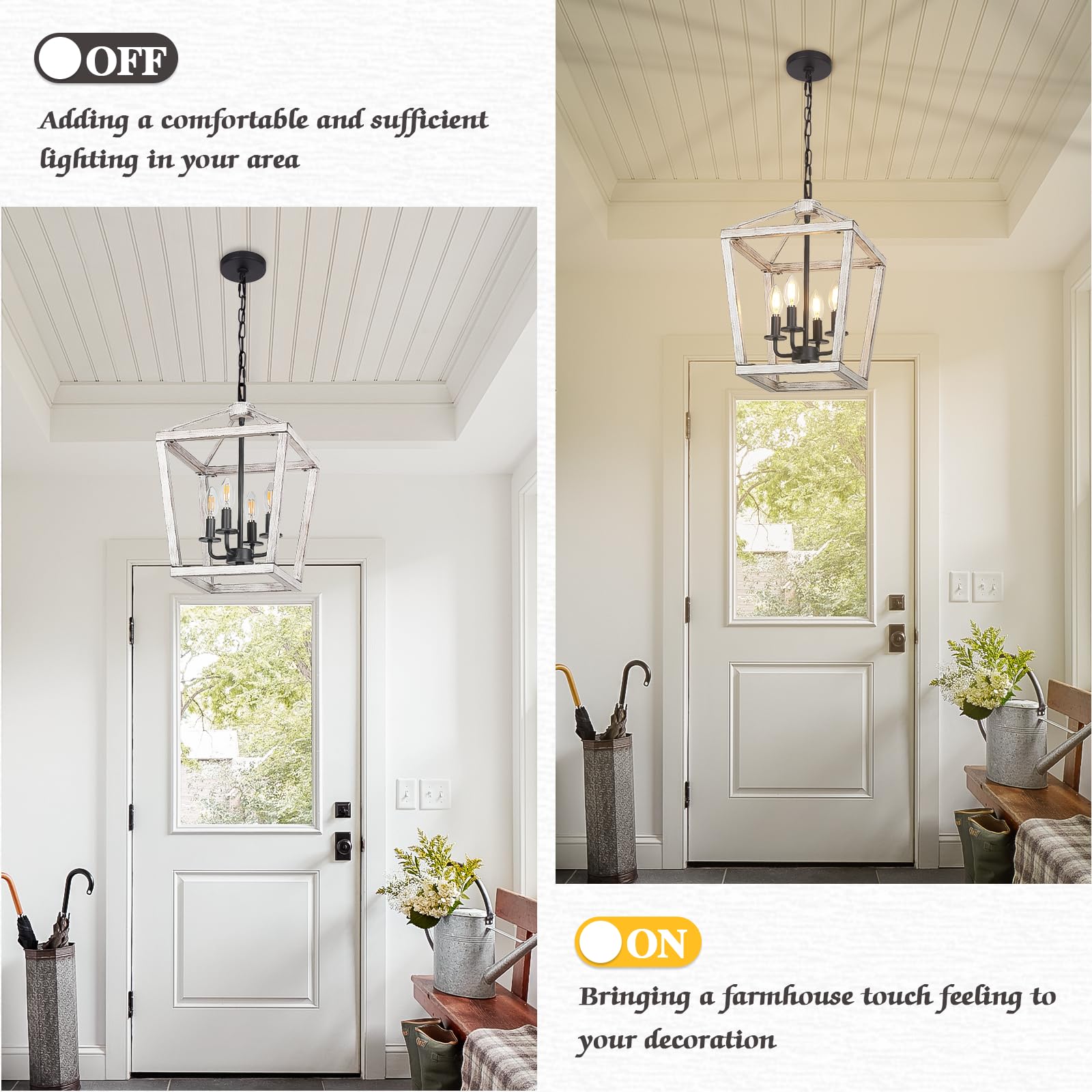 4 Light Rustic Chandelier, Farmhouse Lantern Fixture With Brushed White Oak Cage And Adjustable Chain, E12 Base Geometric Hangin